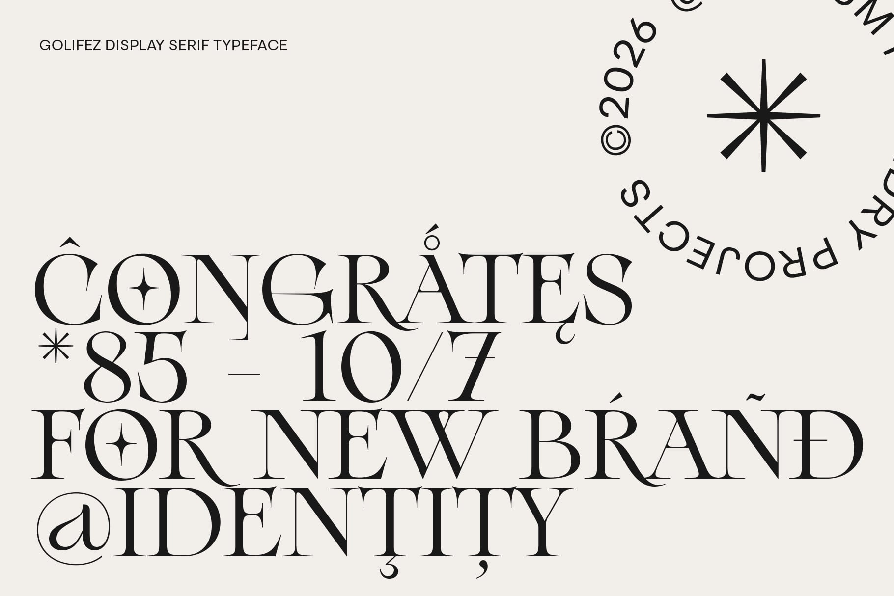 Golifez Display Serif typeface showing elegant letterforms with decorative star ornaments on cream background