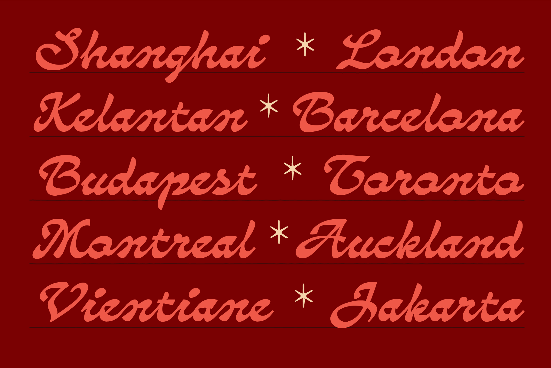 Elegant script font pairing city names on deep red background with small star dividers