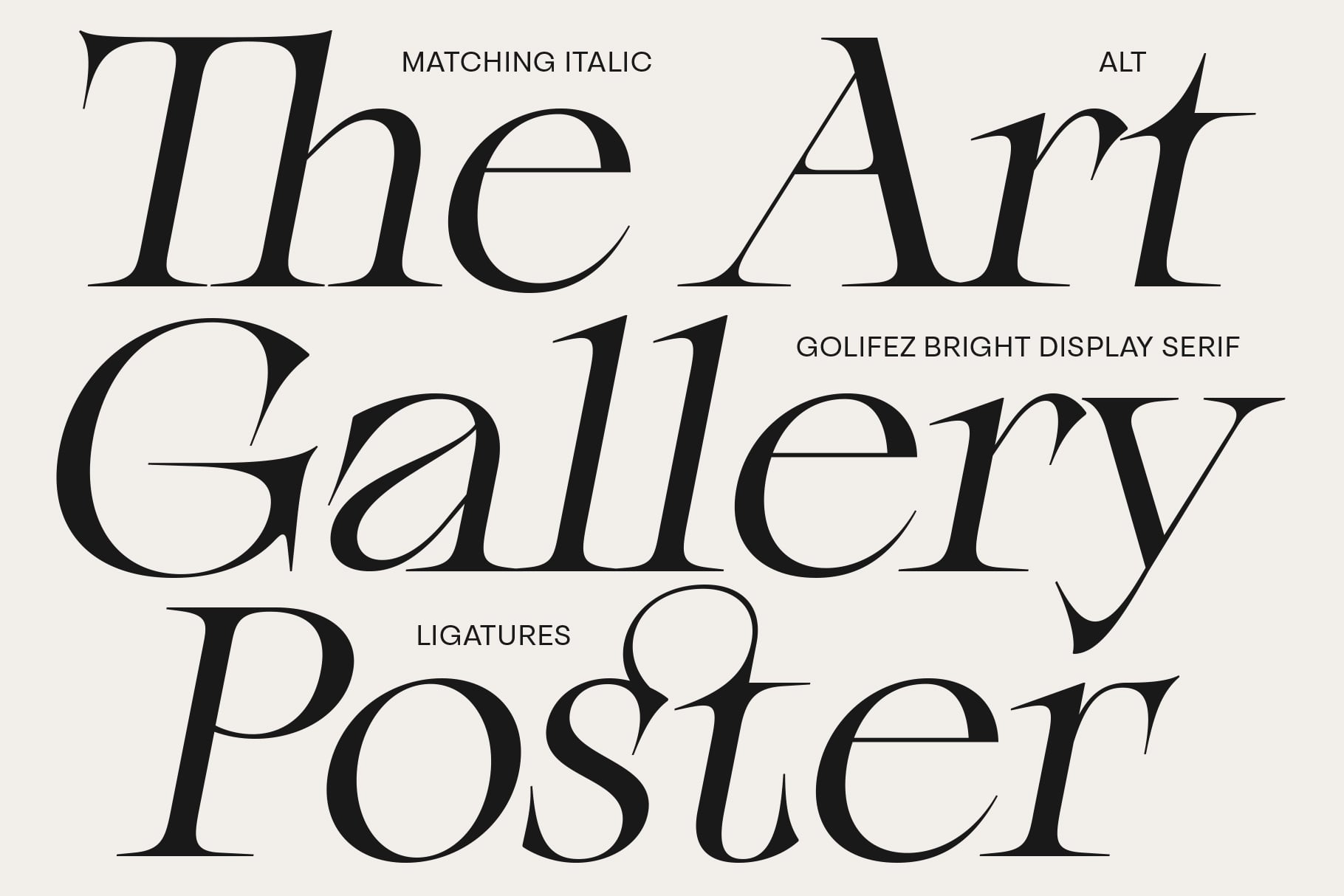 Golifez Bright Display Serif font with matching italic style shown in gallery poster layout