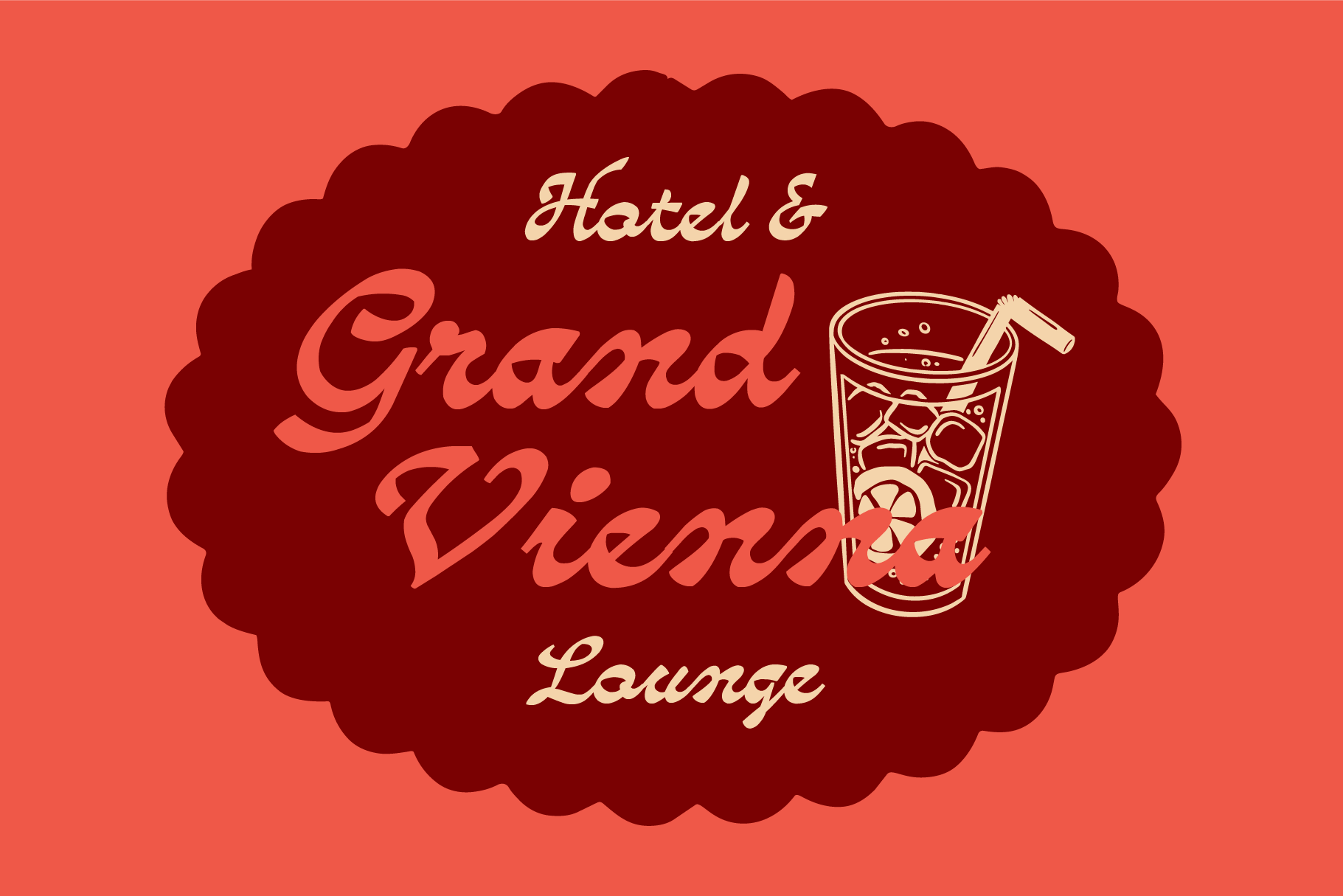 Hotel Grand Vienna lounge badge with cocktail illustration on coral background