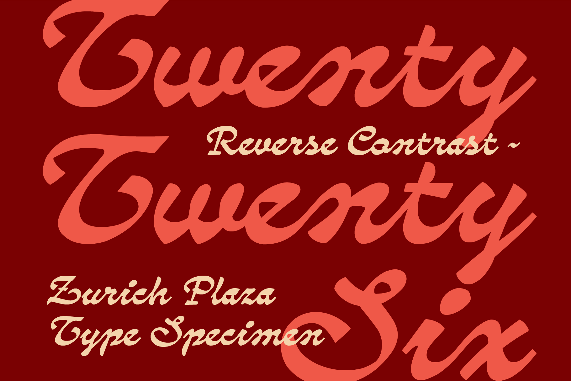 Zurich Plaza Type Specimen showing reverse contrast italic script in coral on deep red background