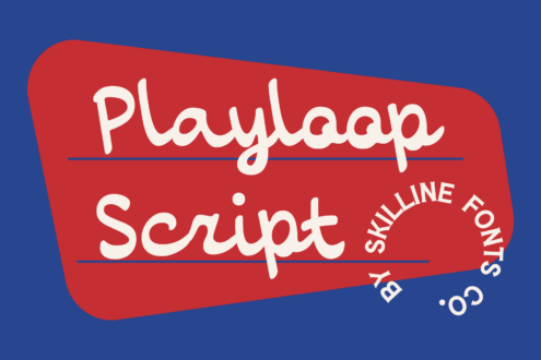 Playlaap Script font in white on red tilted banner with blue background