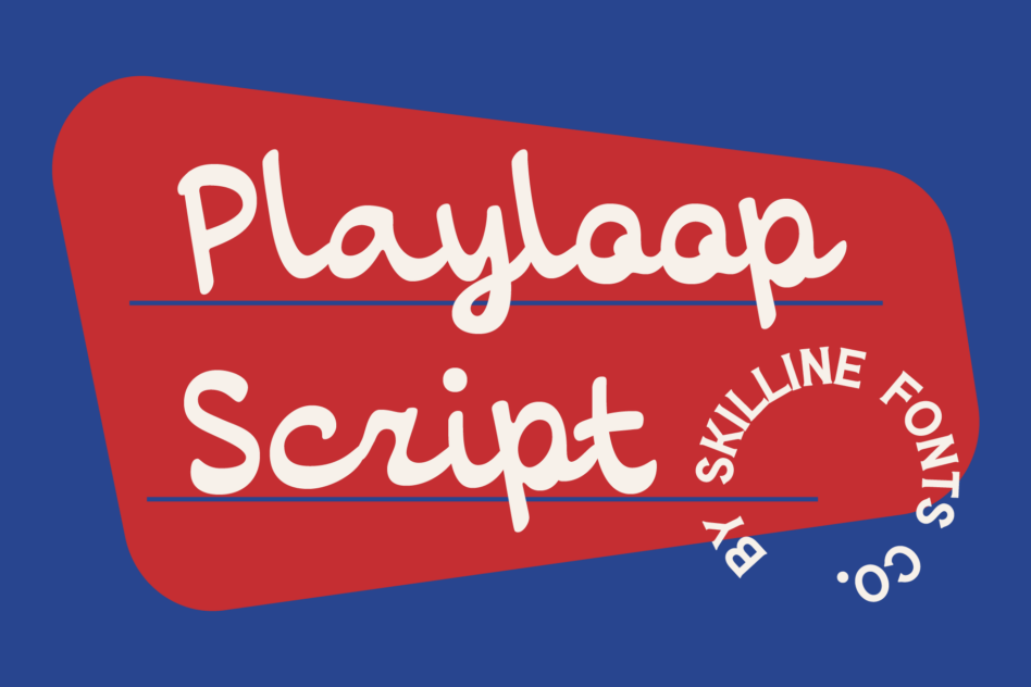 Playlaap Script font in white on red tilted banner with blue background