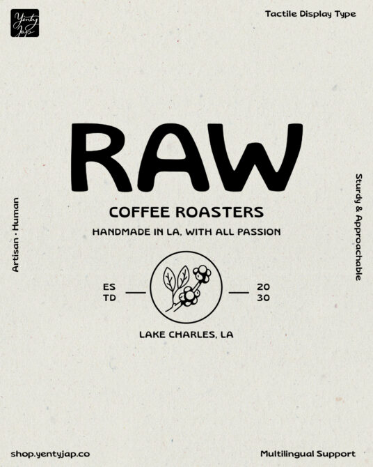 Raw Coffee Roasters LA brand label mockup with bold display type on cream texture
