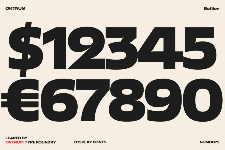Baftion display font showing bold numbers with currency symbols in black on cream background