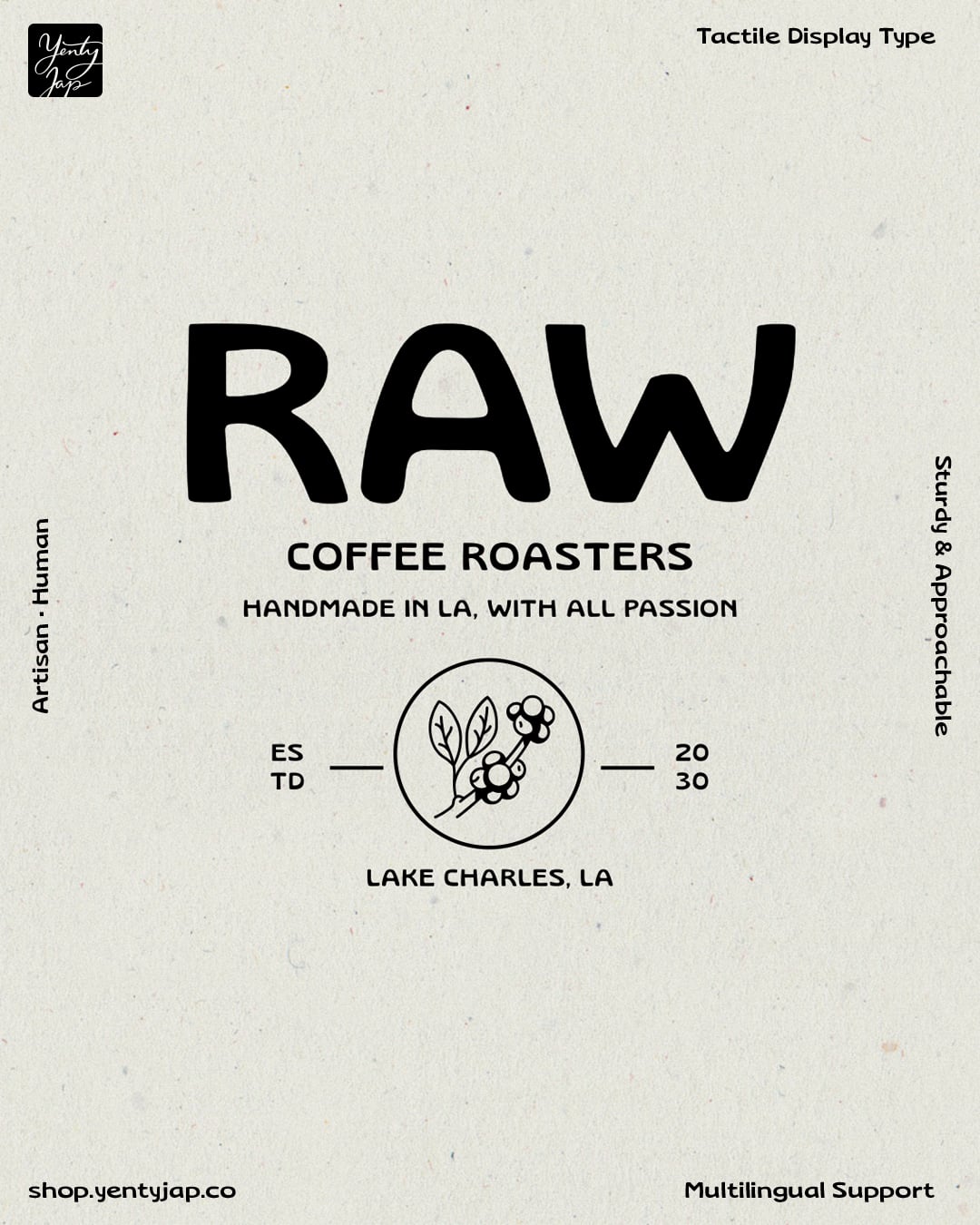 Raw Coffee Roasters LA brand label mockup with bold display type on cream texture
