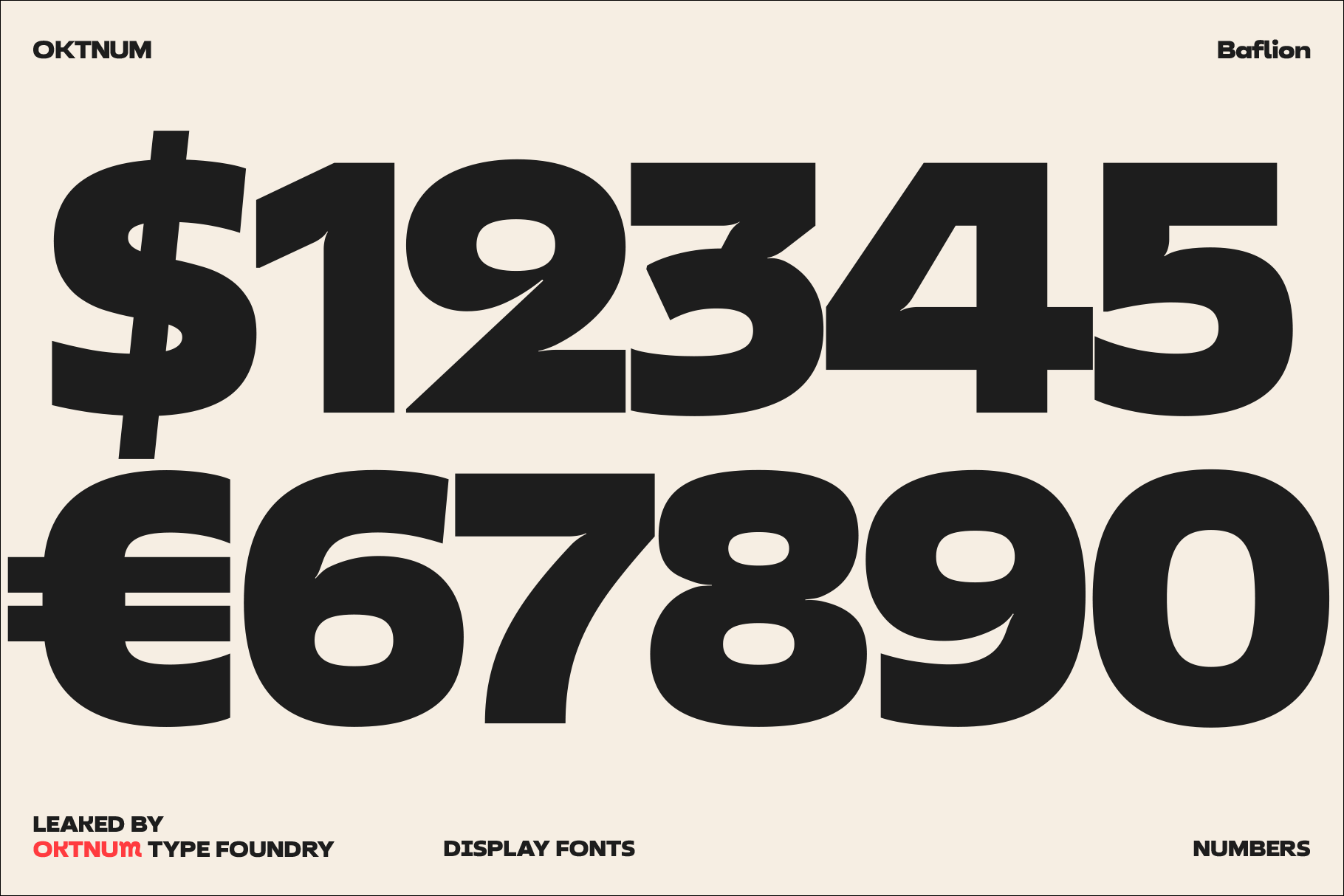 Baftion display font showing bold numbers with currency symbols in black on cream background