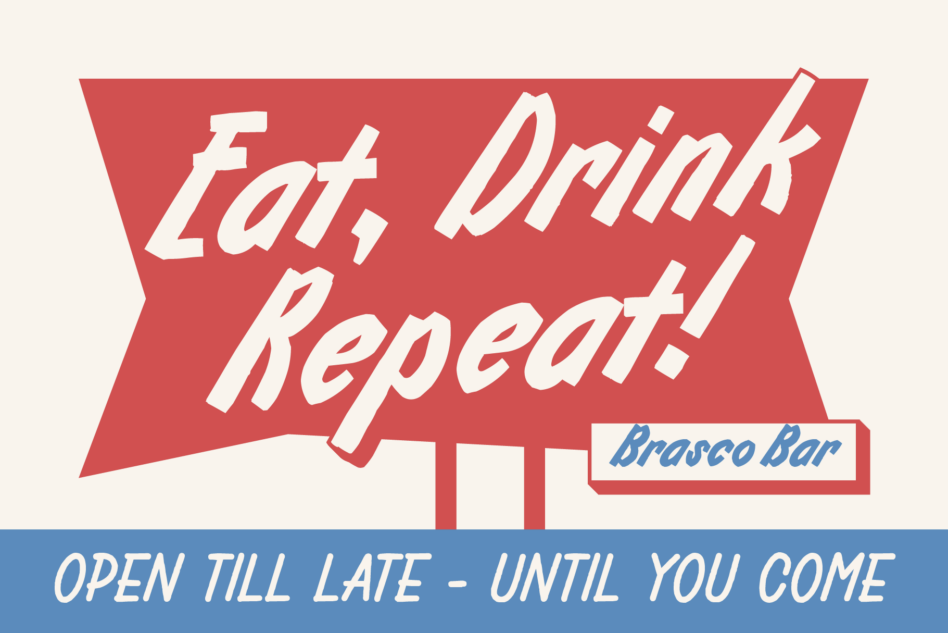 Vintage red neon sign for Brasco Bar with "Eat Drink Repeat" text in retro script style