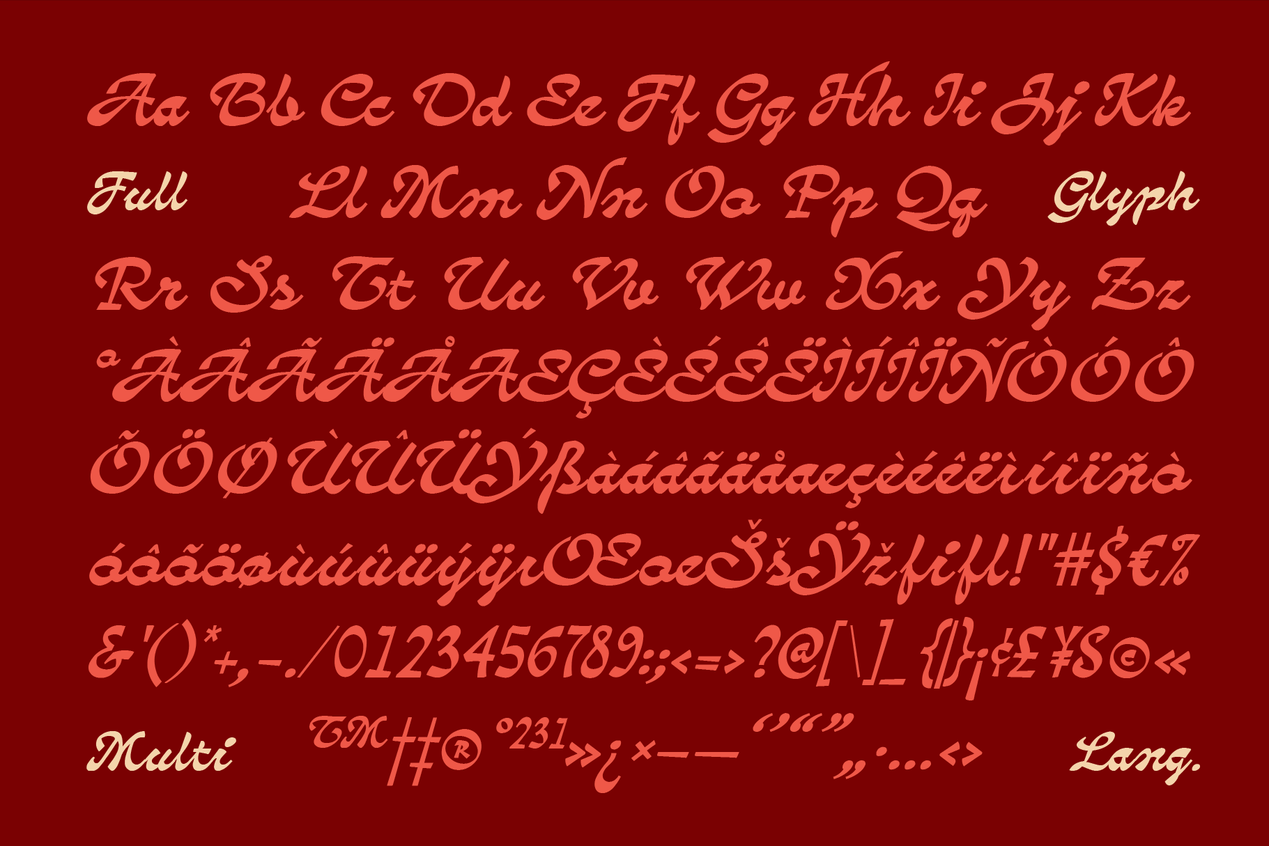 Elegant italic serif font with full character set, accents, symbols, numbers on deep red background
