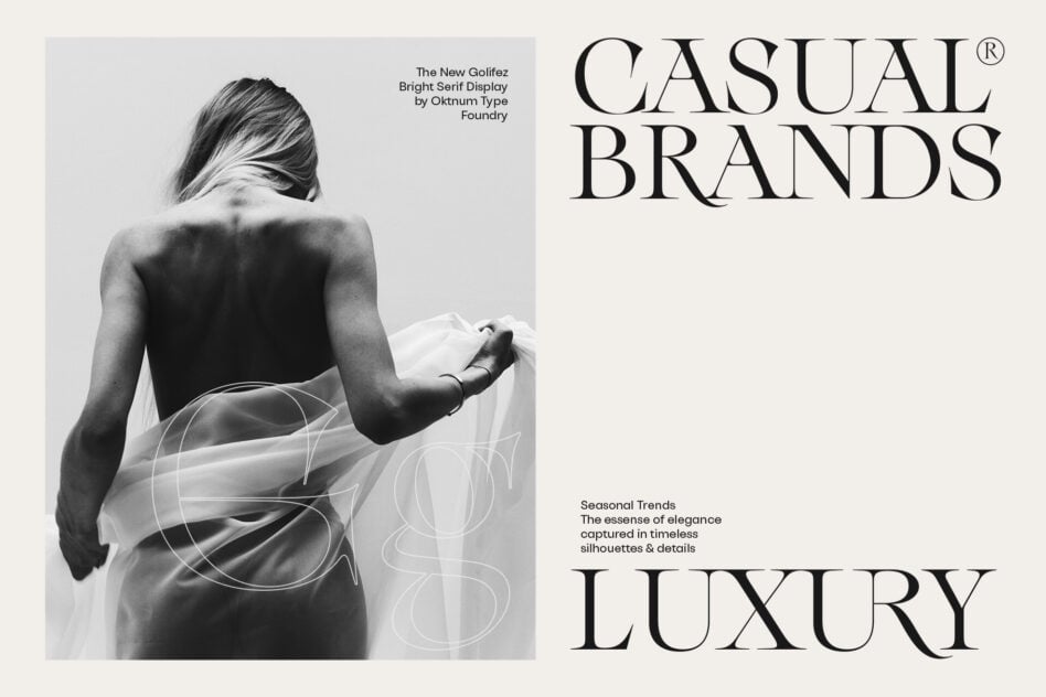 Casual Brands serif font paired with minimal black-white fashion photography layout