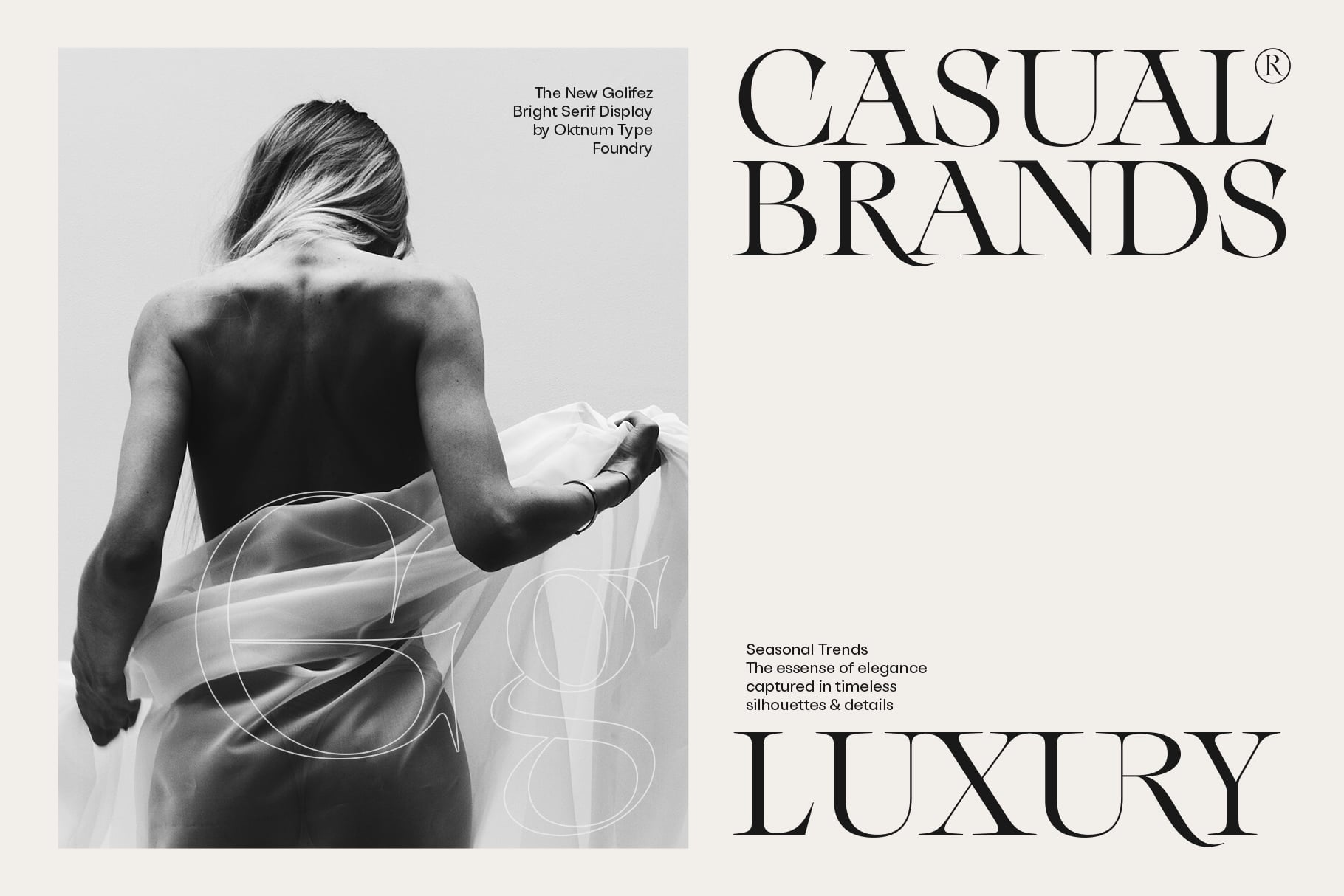 Casual Brands serif font paired with minimal black-white fashion photography layout