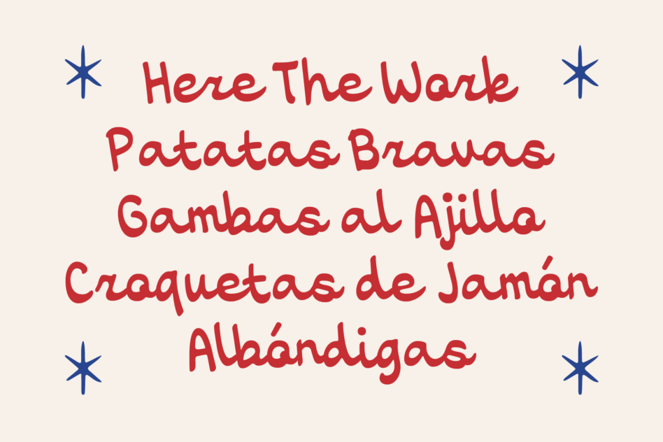 Spanish food menu in red handwriting with blue star decorations on cream background