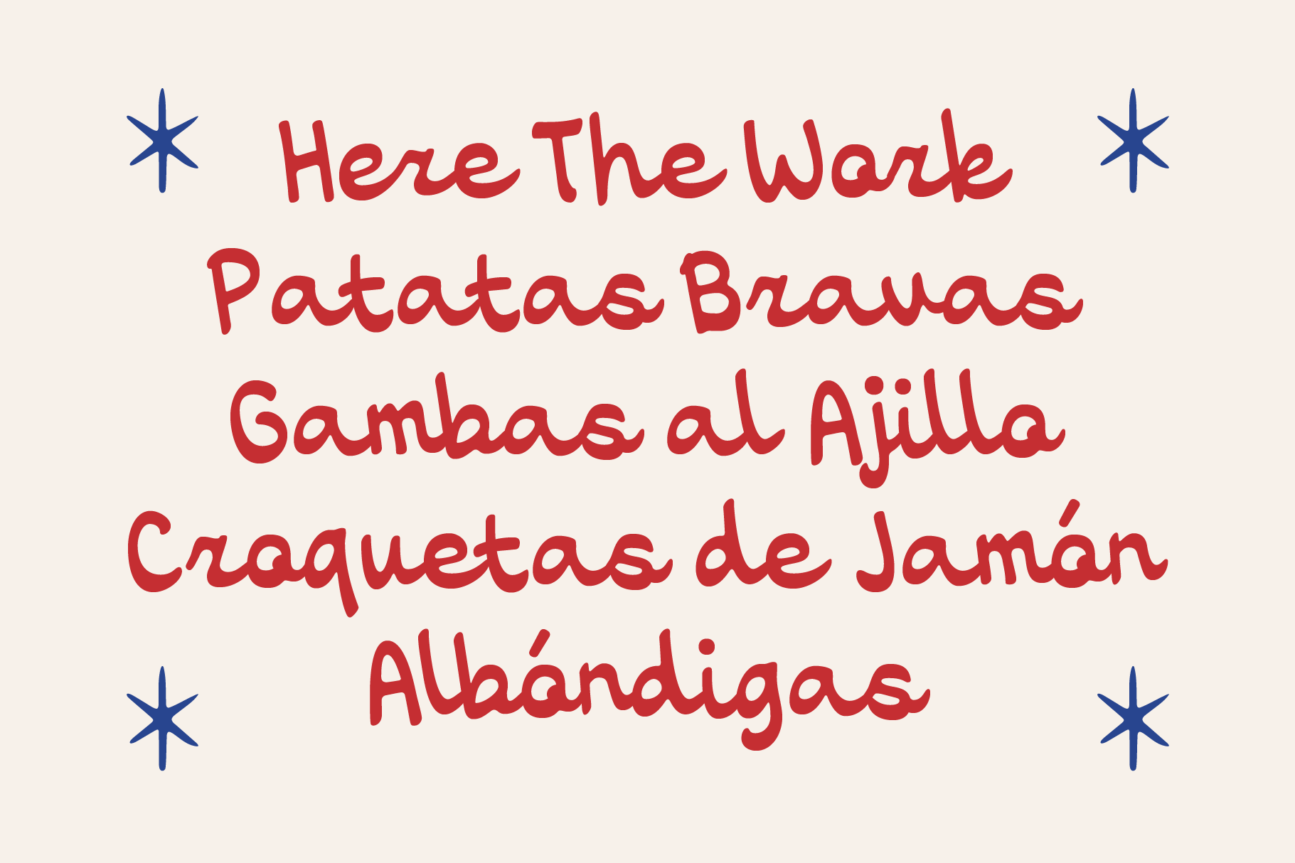 Spanish food menu in red handwriting with blue star decorations on cream background