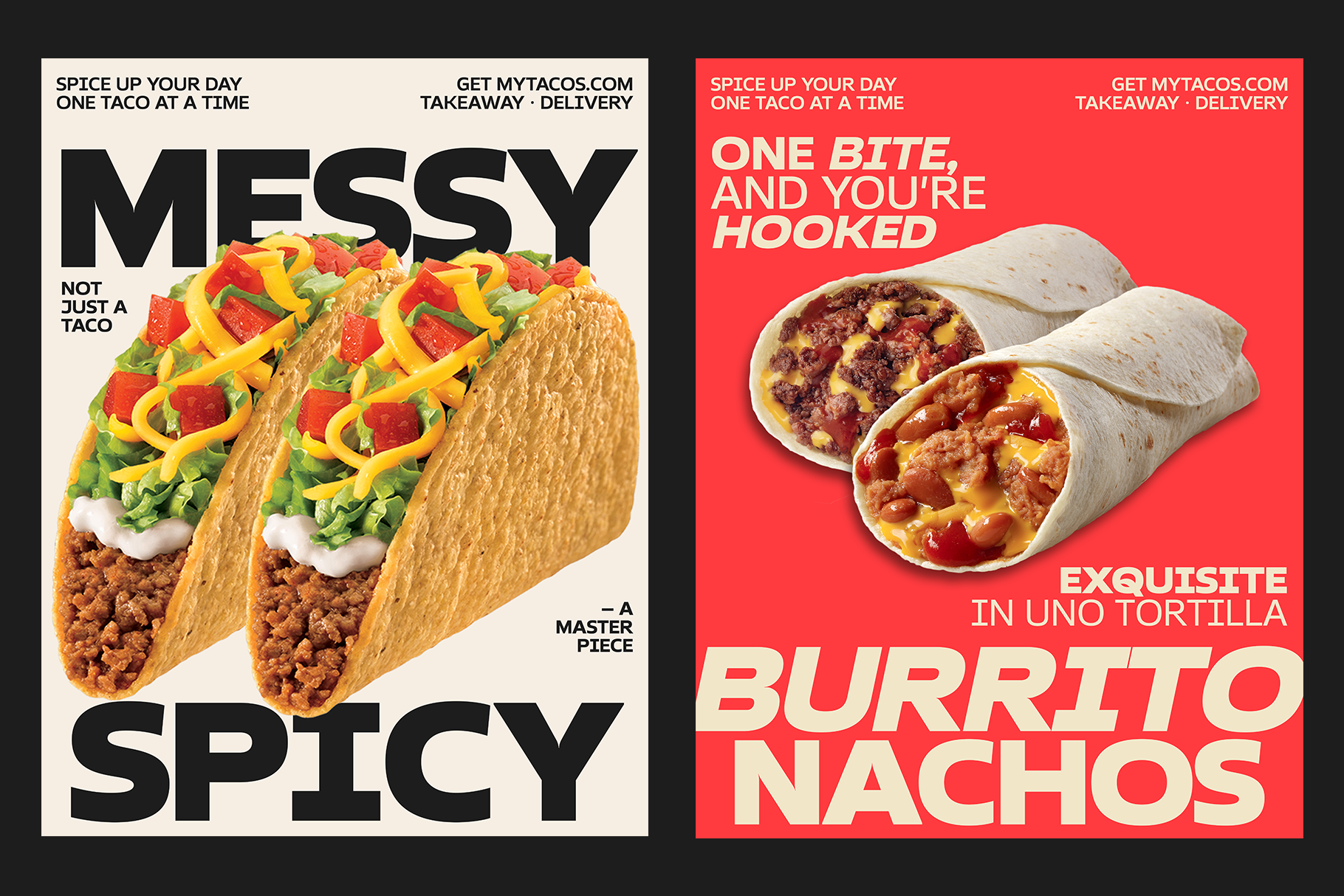 Pair of bold food posters featuring messy tacos with toppings on beige, burrito nachos on bright red background