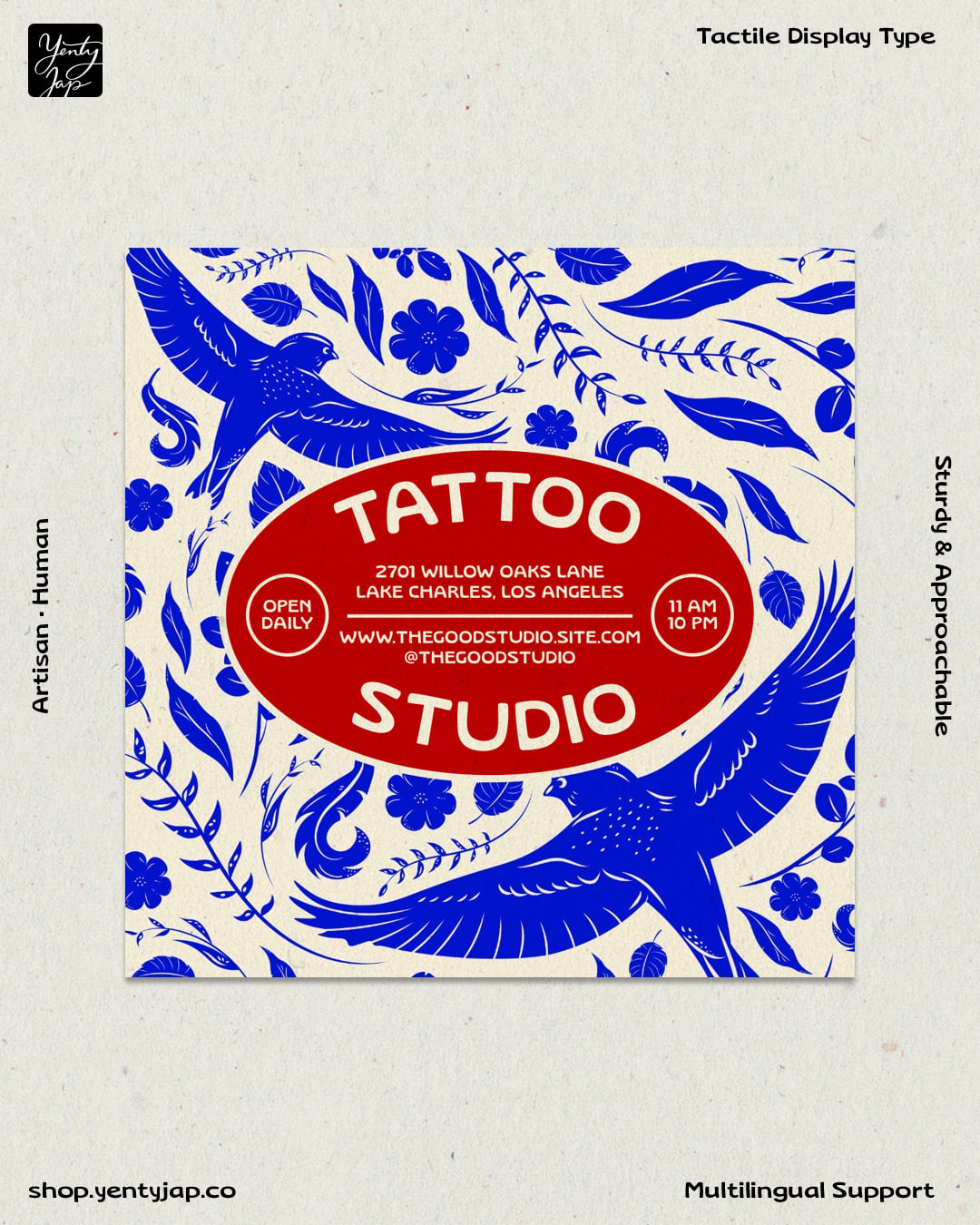 Vintage tattoo studio label with blue botanical birds, flowers, leaves on cream background, red oval badge with shop details