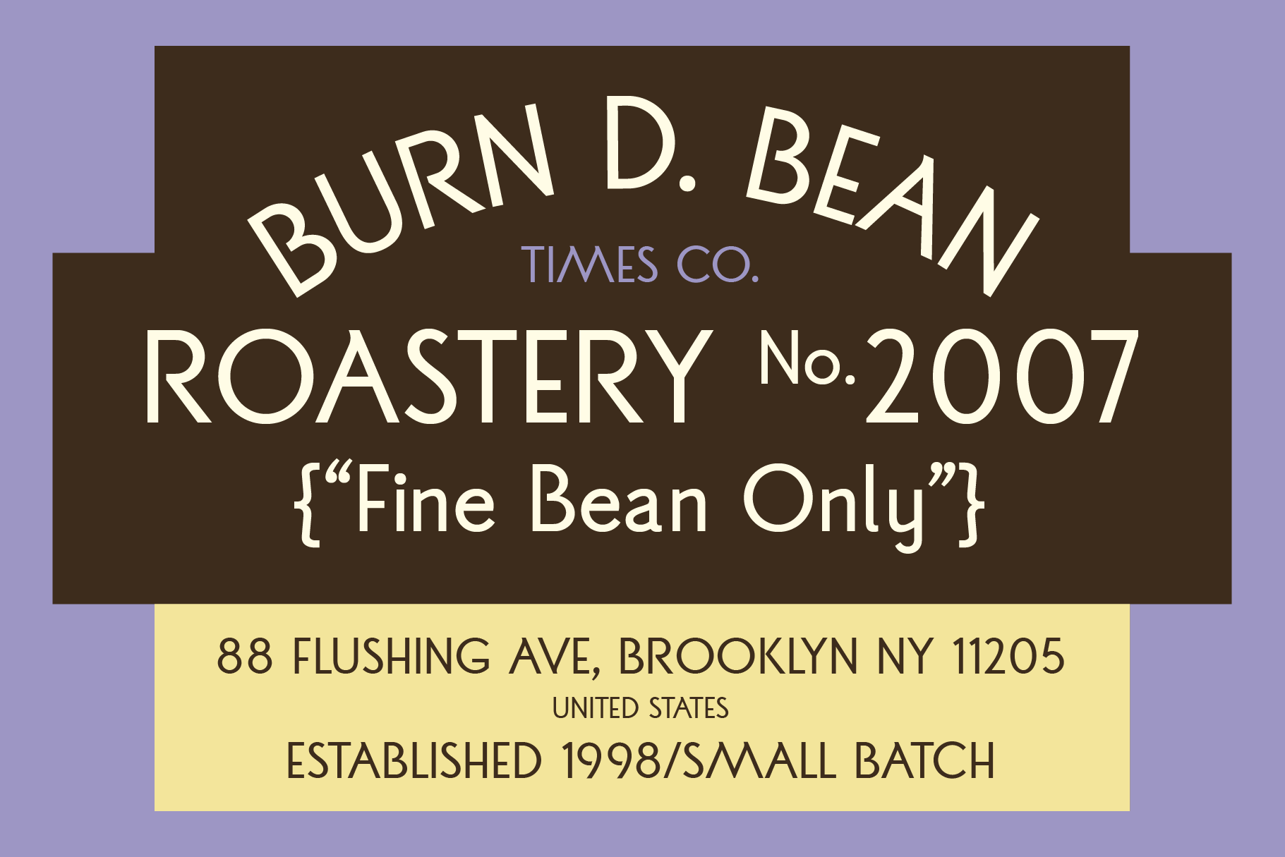 Vintage coffee roastery label with brown banner, cream text, purple background, Brooklyn address