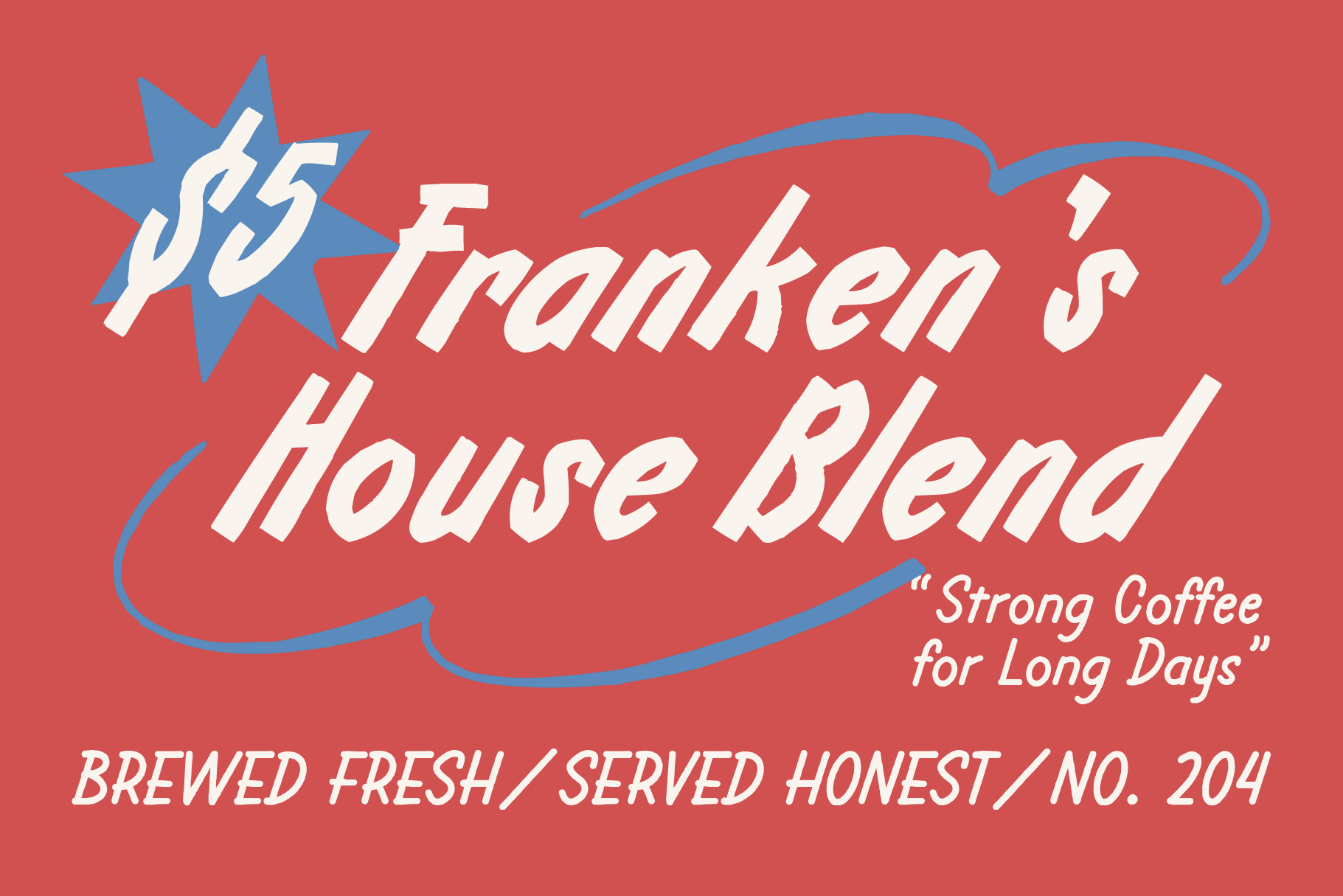 Vintage coffee label mockup with retro script lettering on red background, blue star