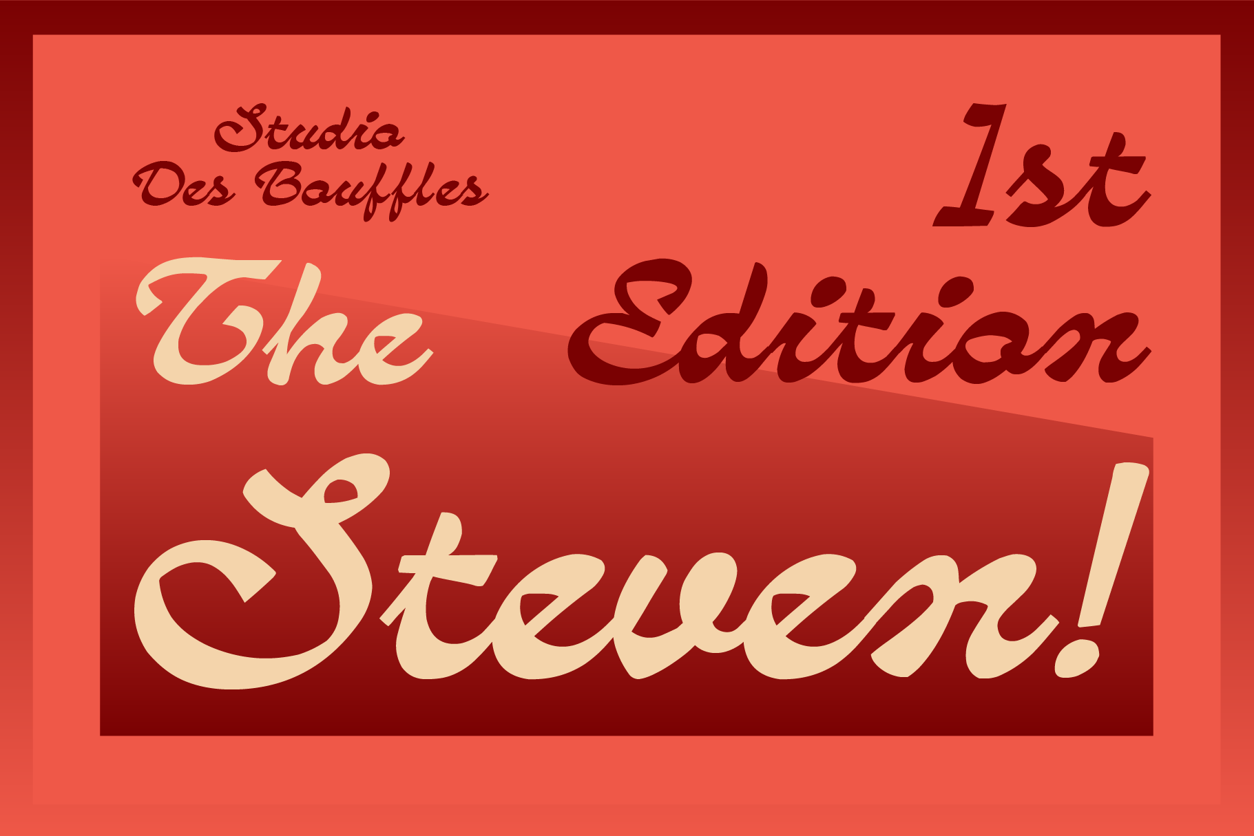 Vintage poster with cream cursive text on coral red background, Studio Des Bauffles 1st Edition