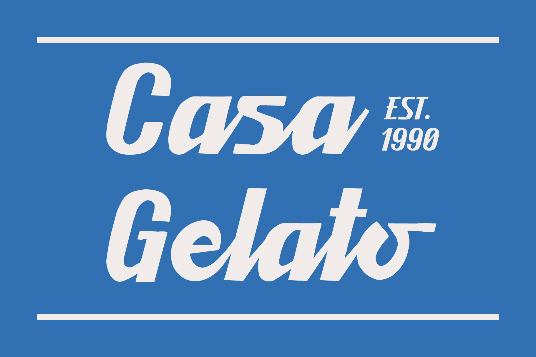 Retro italic typography saying Casa Gelato Est. 1990 on cobalt blue background