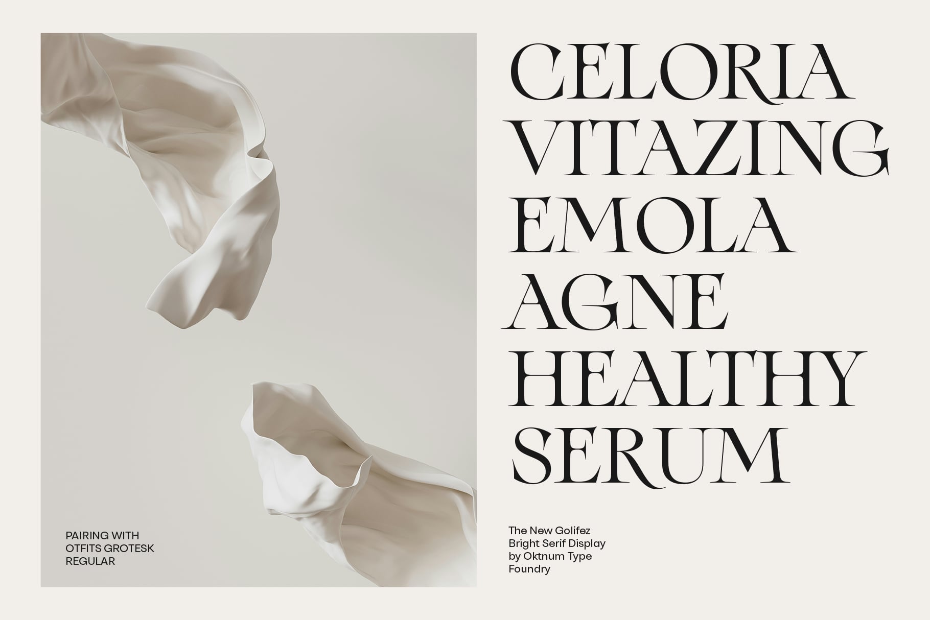 Luxury skincare serum bottle mockup with flowing fabric, paired with elegant serif typography layout