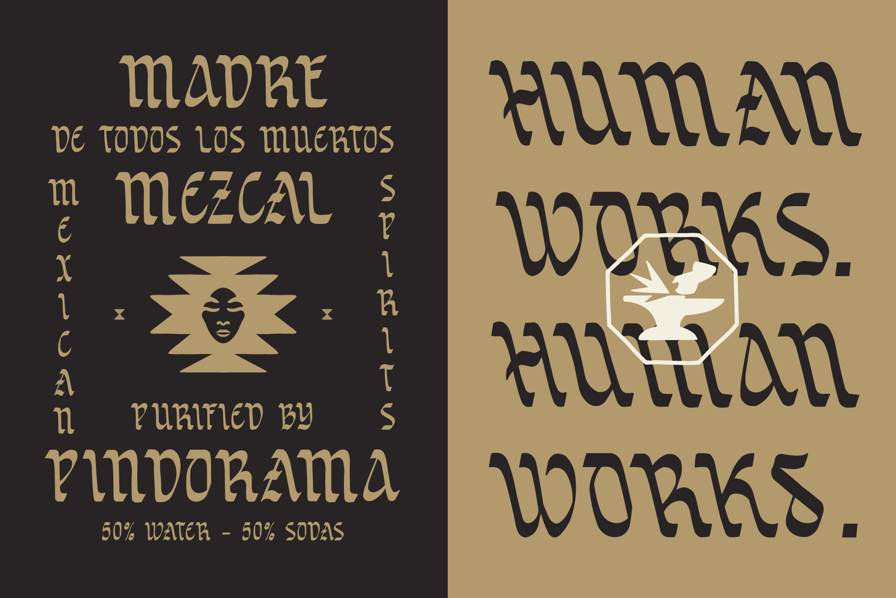 Mezcal bottle label mockup with ethnic geometric design in gold on dark background