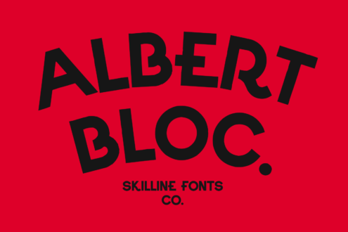 Bold black sans serif type spelling "ALERT BLOC" on bright red background with Skilline Fonts Co branding below