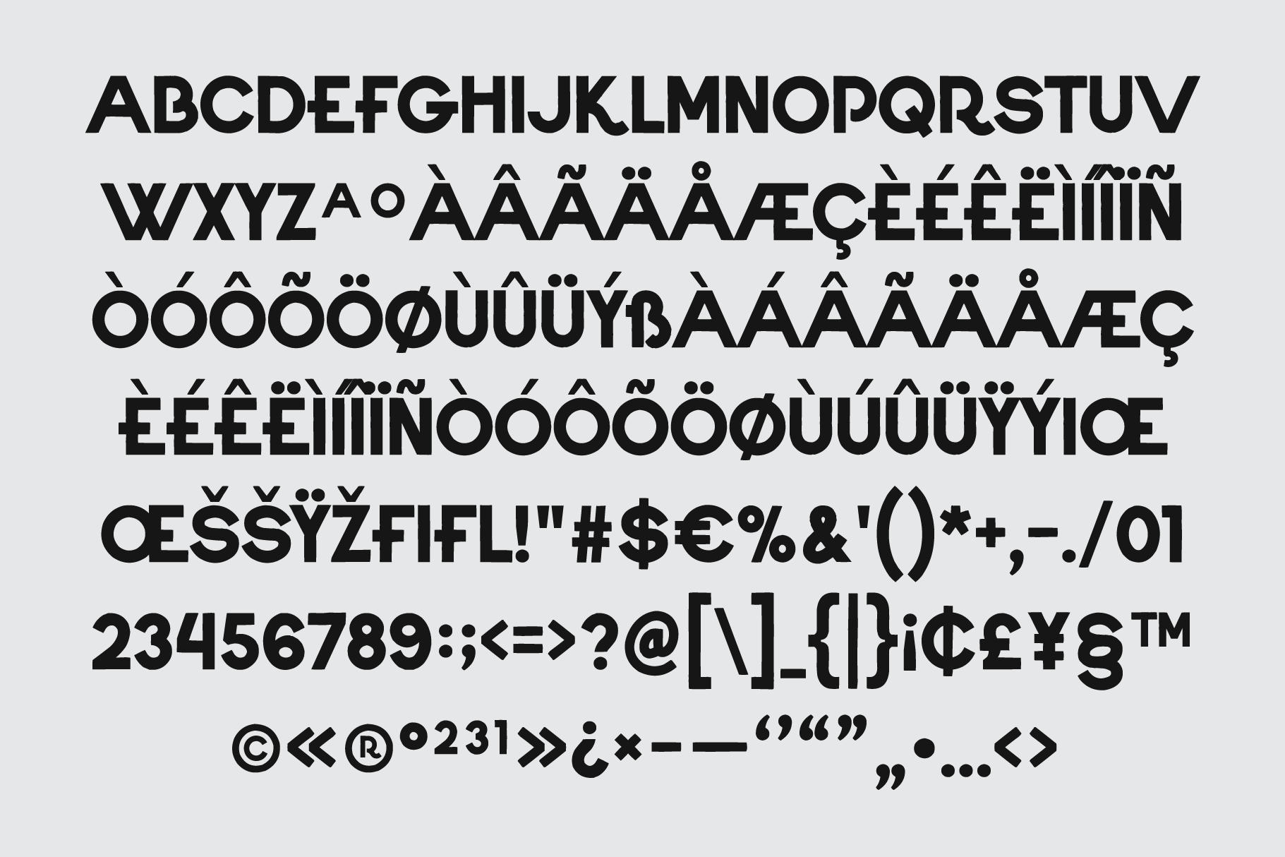 Bold sans serif font with full character set including accents, symbols, numbers on light gray background