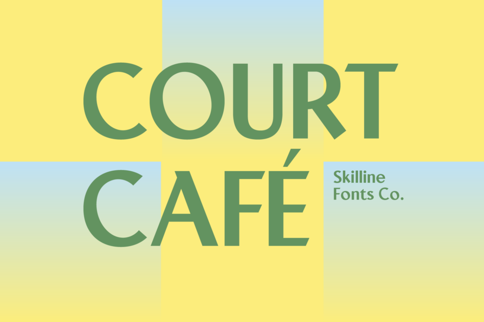 Court Café branding mockup with bold green sans serif type on yellow, blue, pastel background