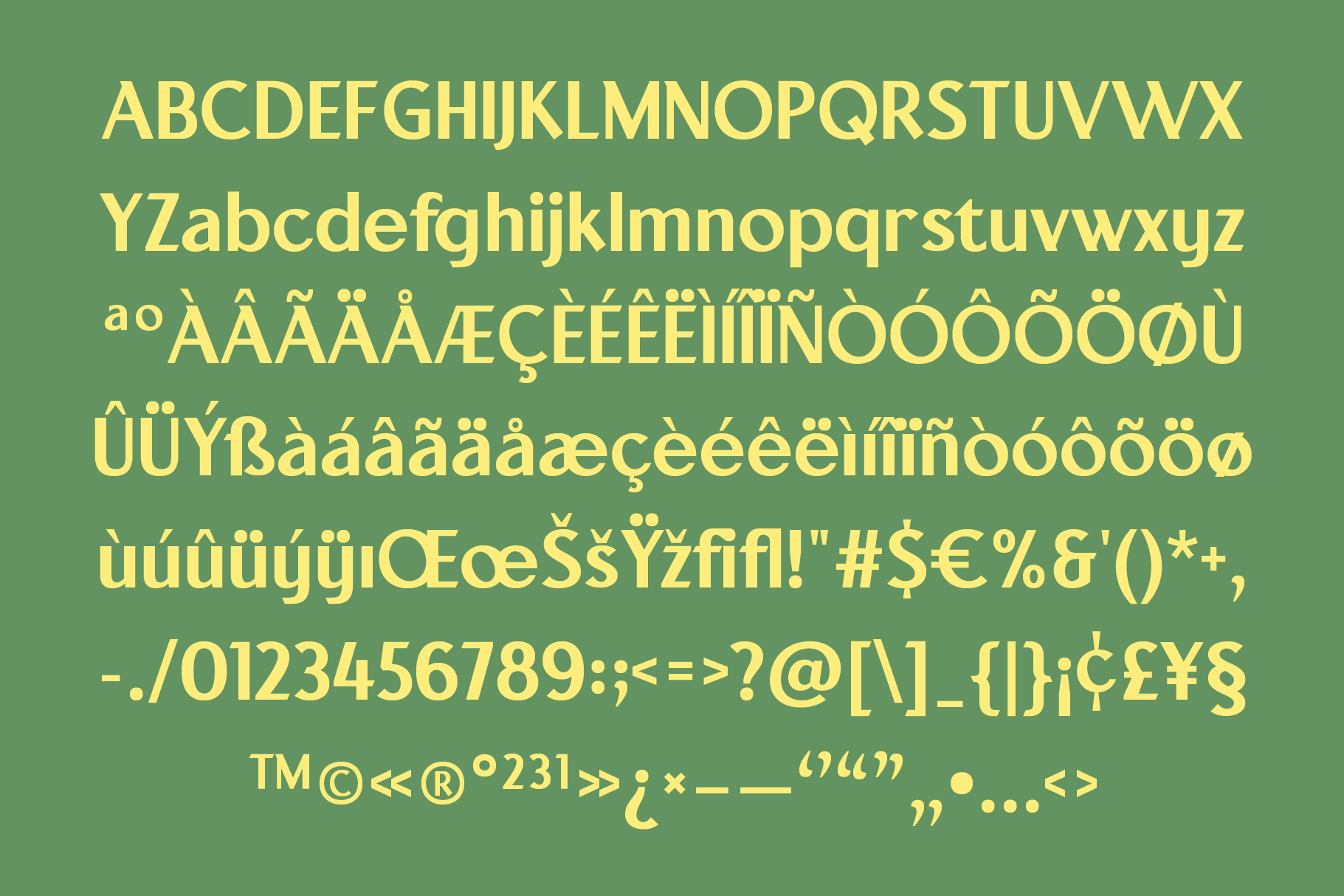 Bright yellow serif font on sage green background showing full character set with accents