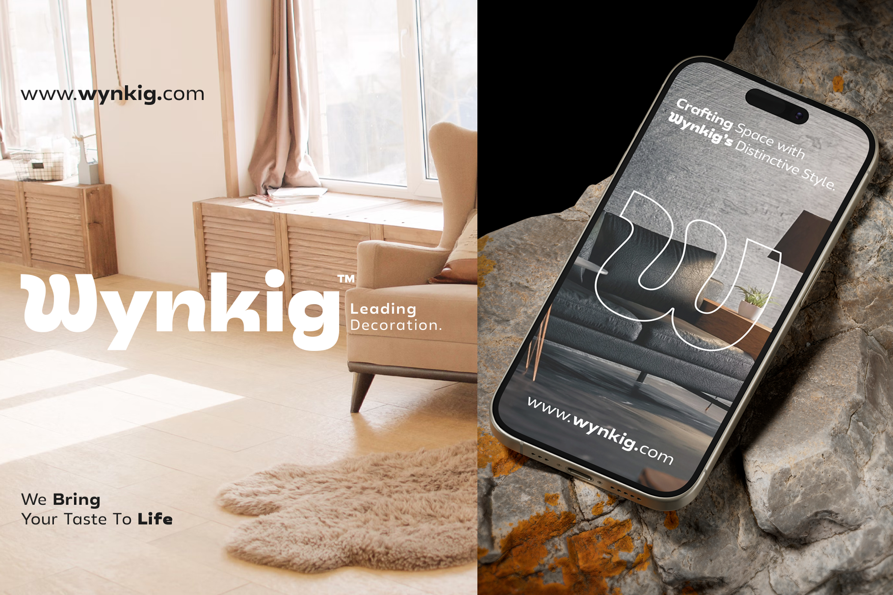 Phone mockup displaying Wynkig home decor brand website with minimalist interior design aesthetic