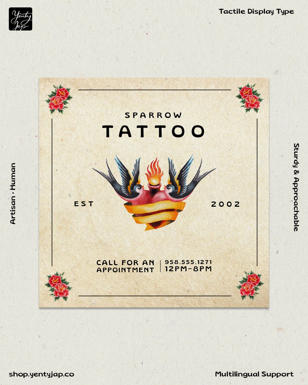 Vintage tattoo shop flyer with sparrows, roses, flaming heart, contact details on cream paper