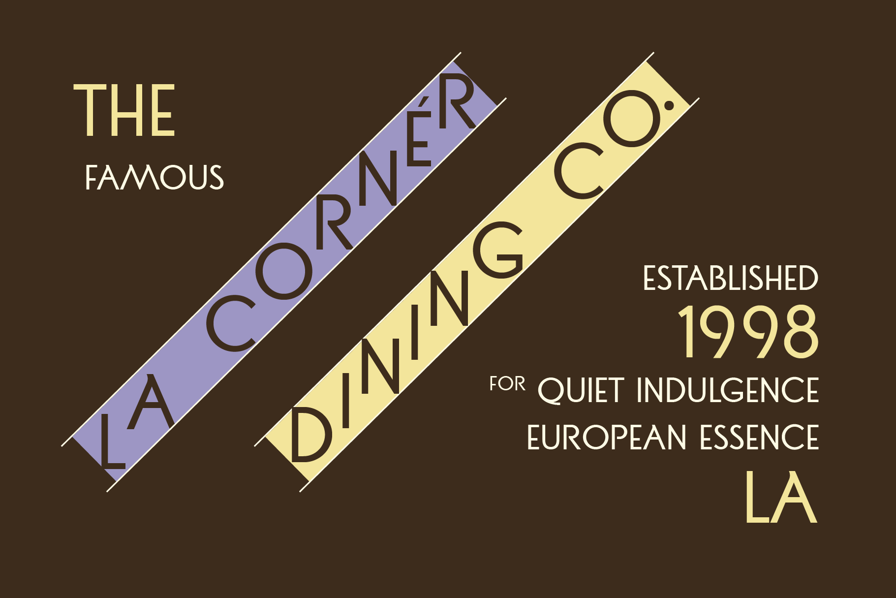 Luxury brand layout with diagonal ribbon banners in lavender plus cream on brown background
