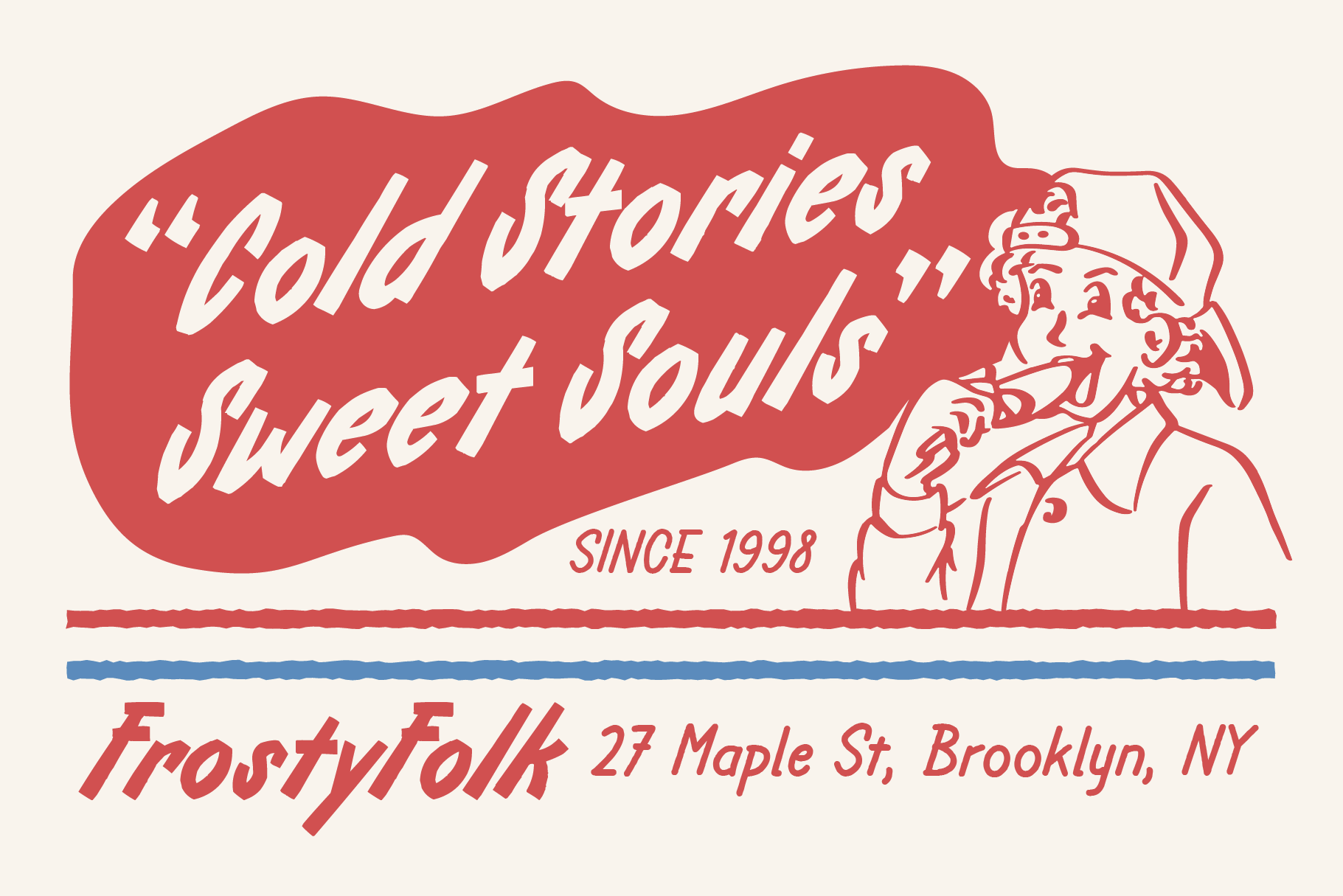 Vintage red label with retro illustration of man holding ice cream cone, script typography, Brooklyn address