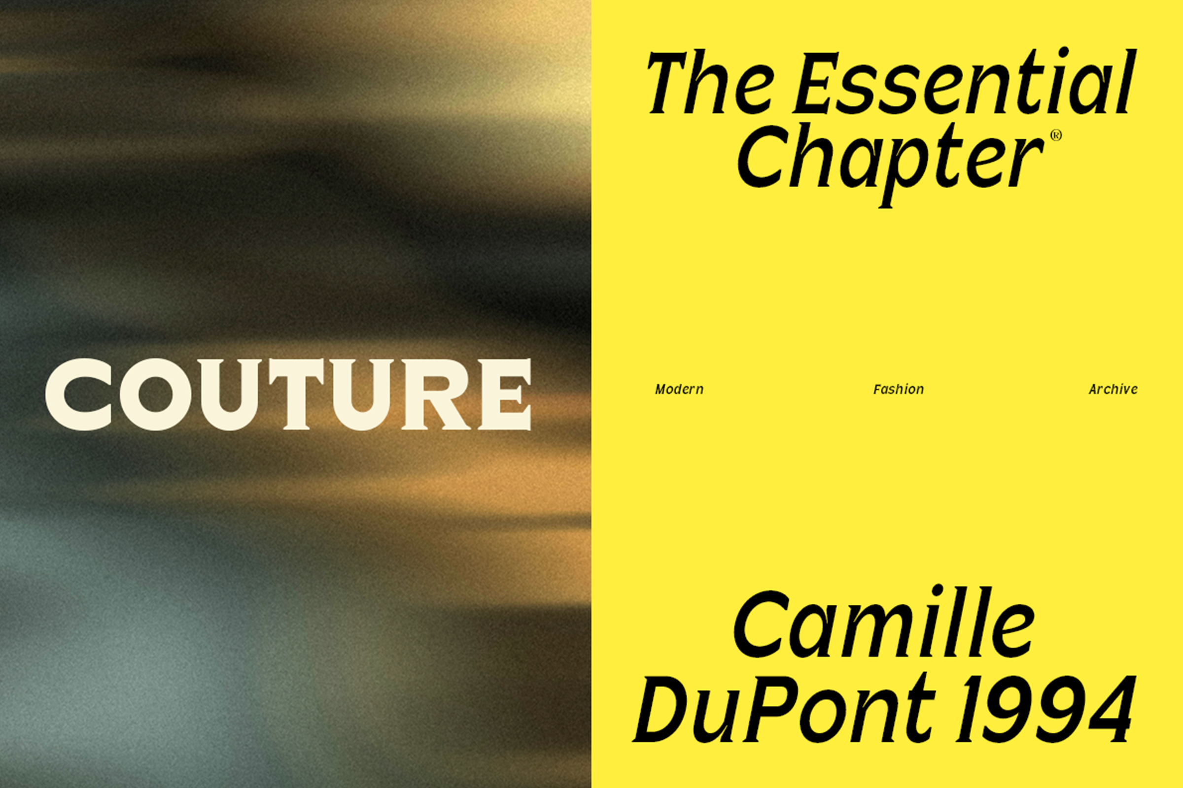 Split layout with muted earth tones on left showing Couture text, bright yellow right side with Essential Chapter title