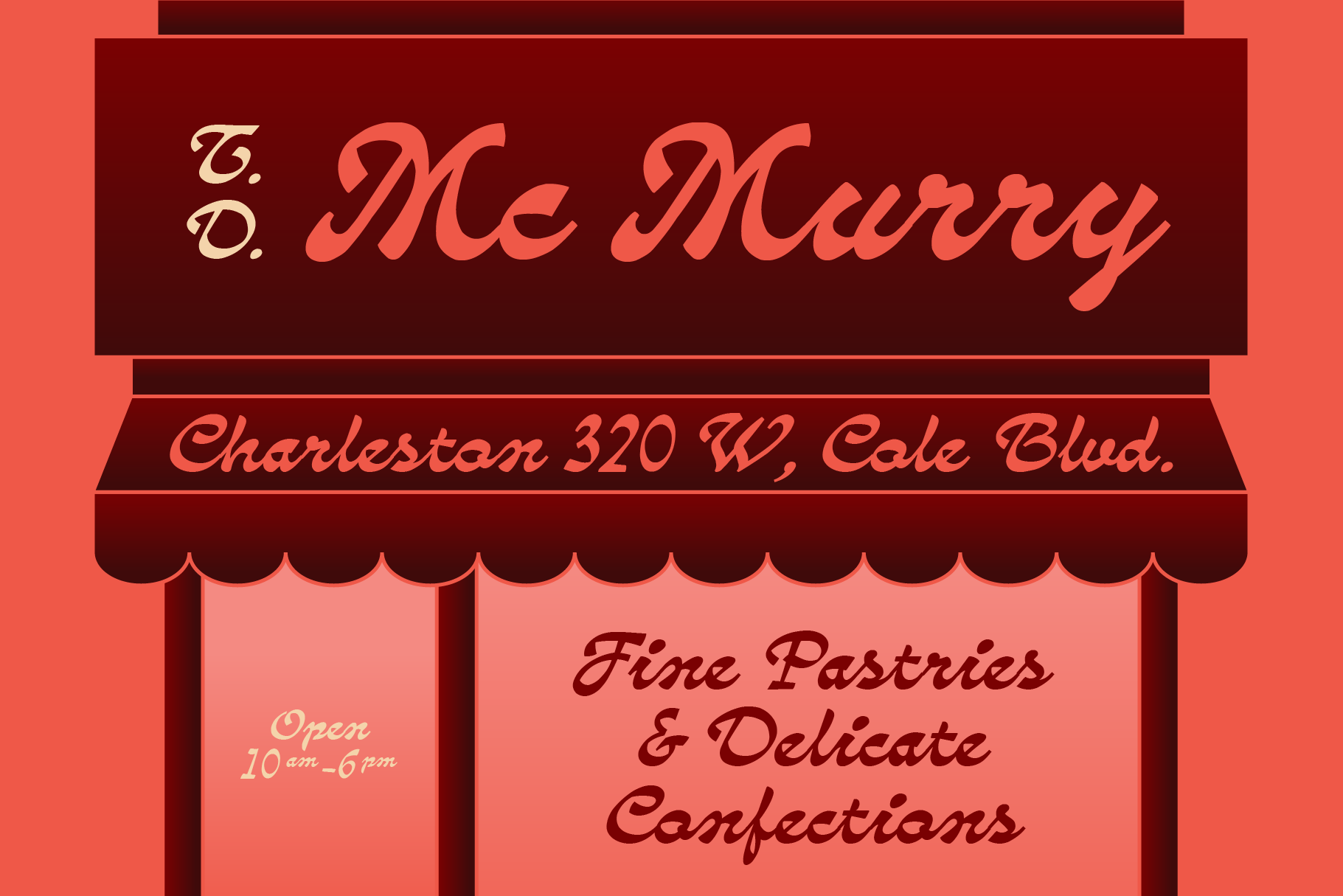 Vintage bakery storefront mockup with maroon awning, elegant script lettering for "G.D. Me Marry" pastry shop