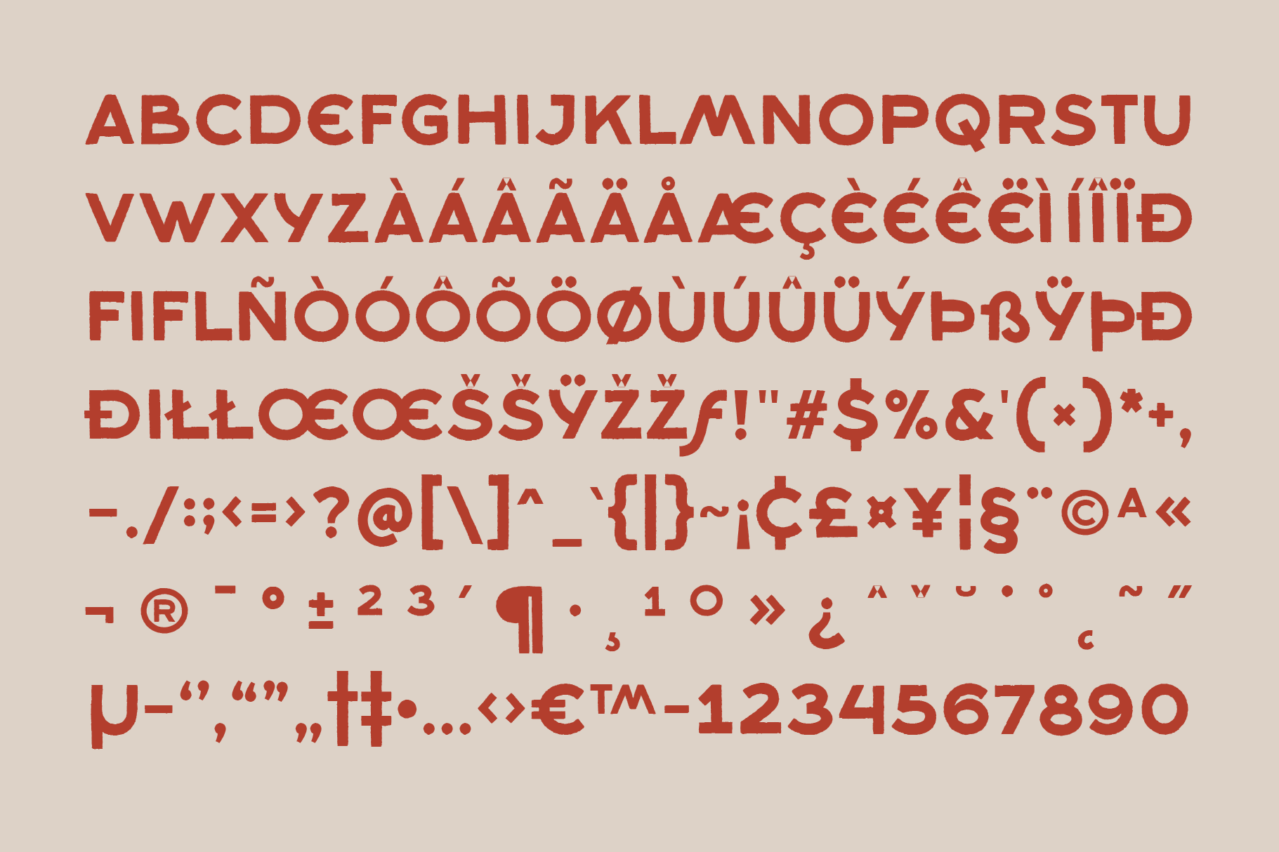 Bold red sans serif typeface with extended character set including accents, symbols, numerals