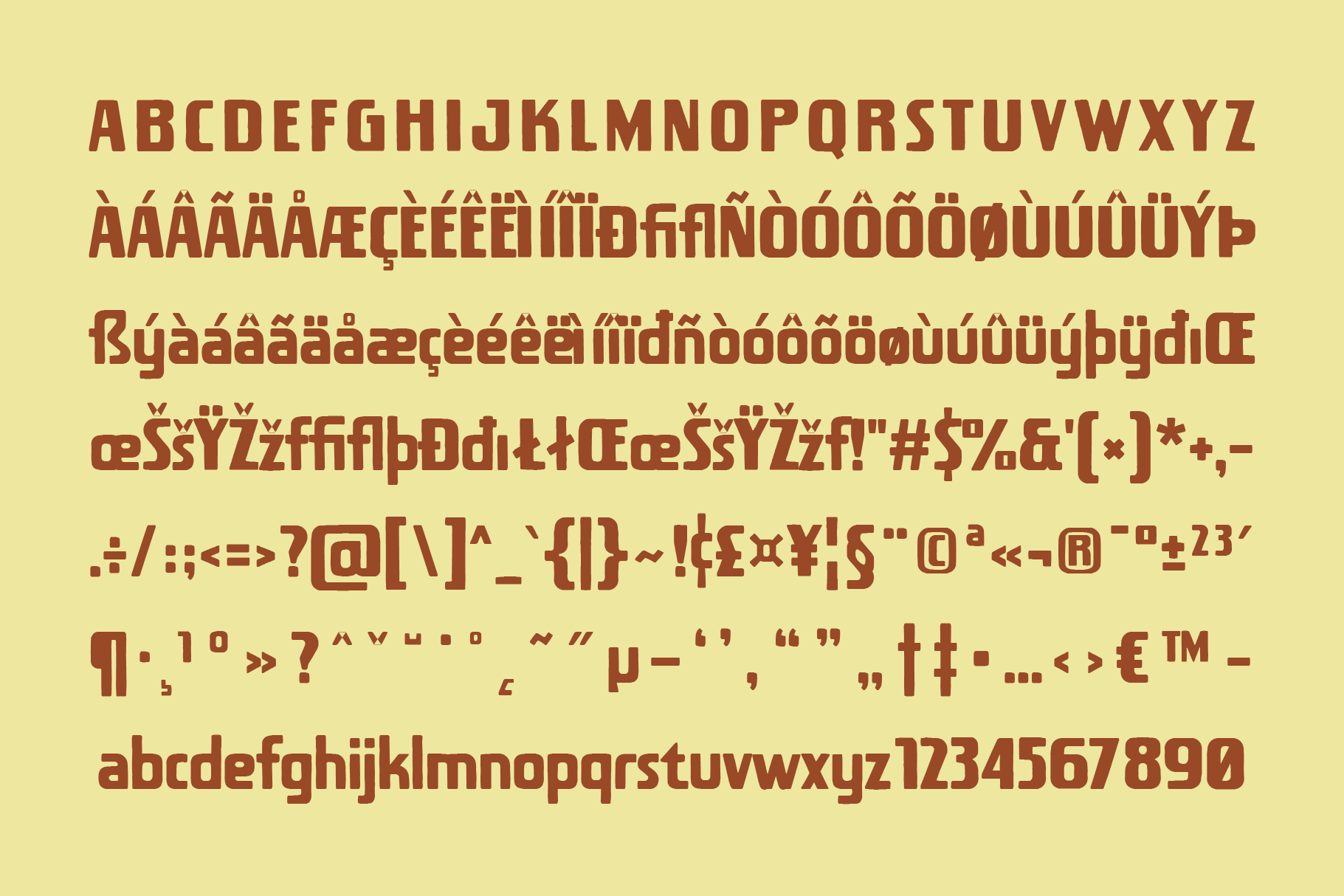 Bold serif font with extended character set including accented letters, symbols, lowercase on butter yellow background