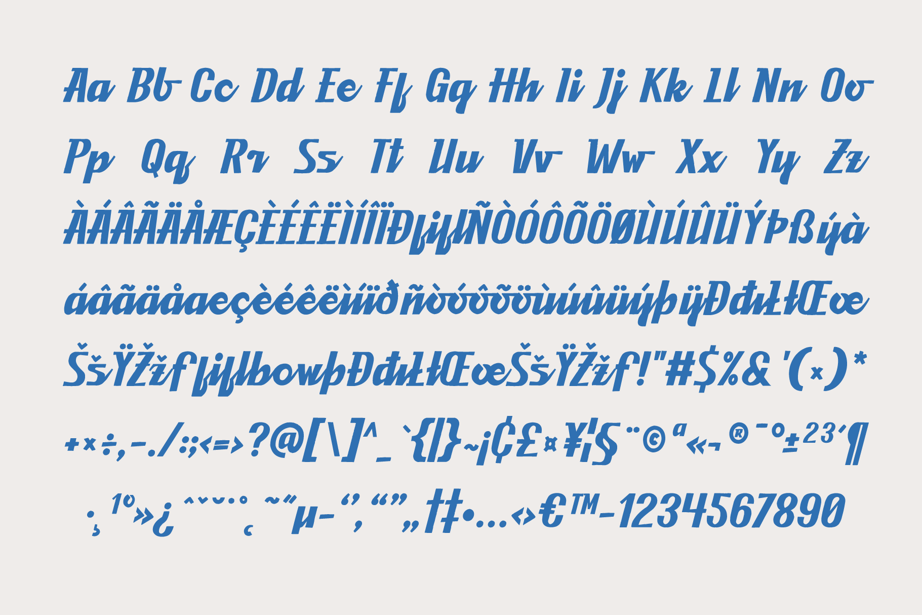 Blue italic typeface showing full character set with accents, numbers, symbols on light background