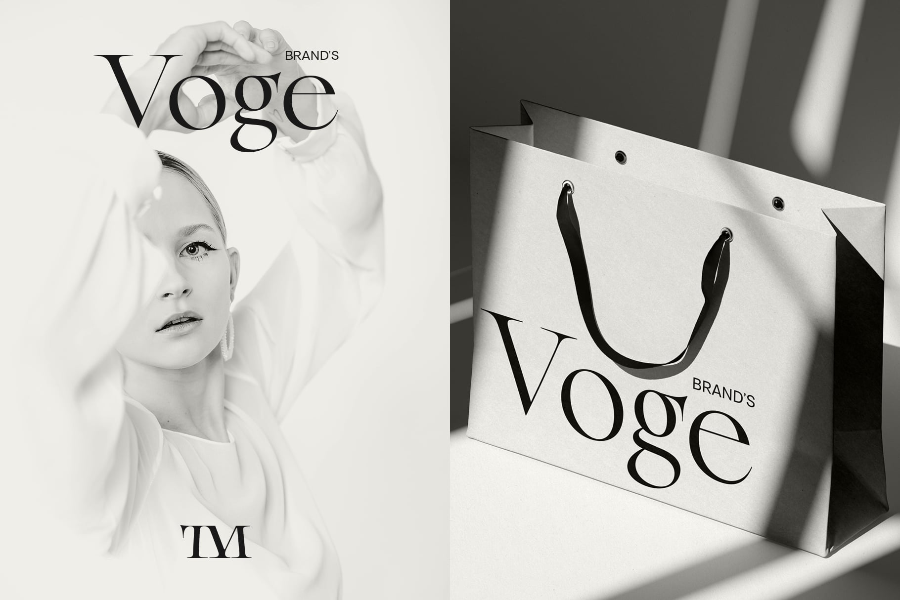 Luxury fashion brand mockup showing magazine cover with portrait on left, matching shopping bag on right with dramatic lighting