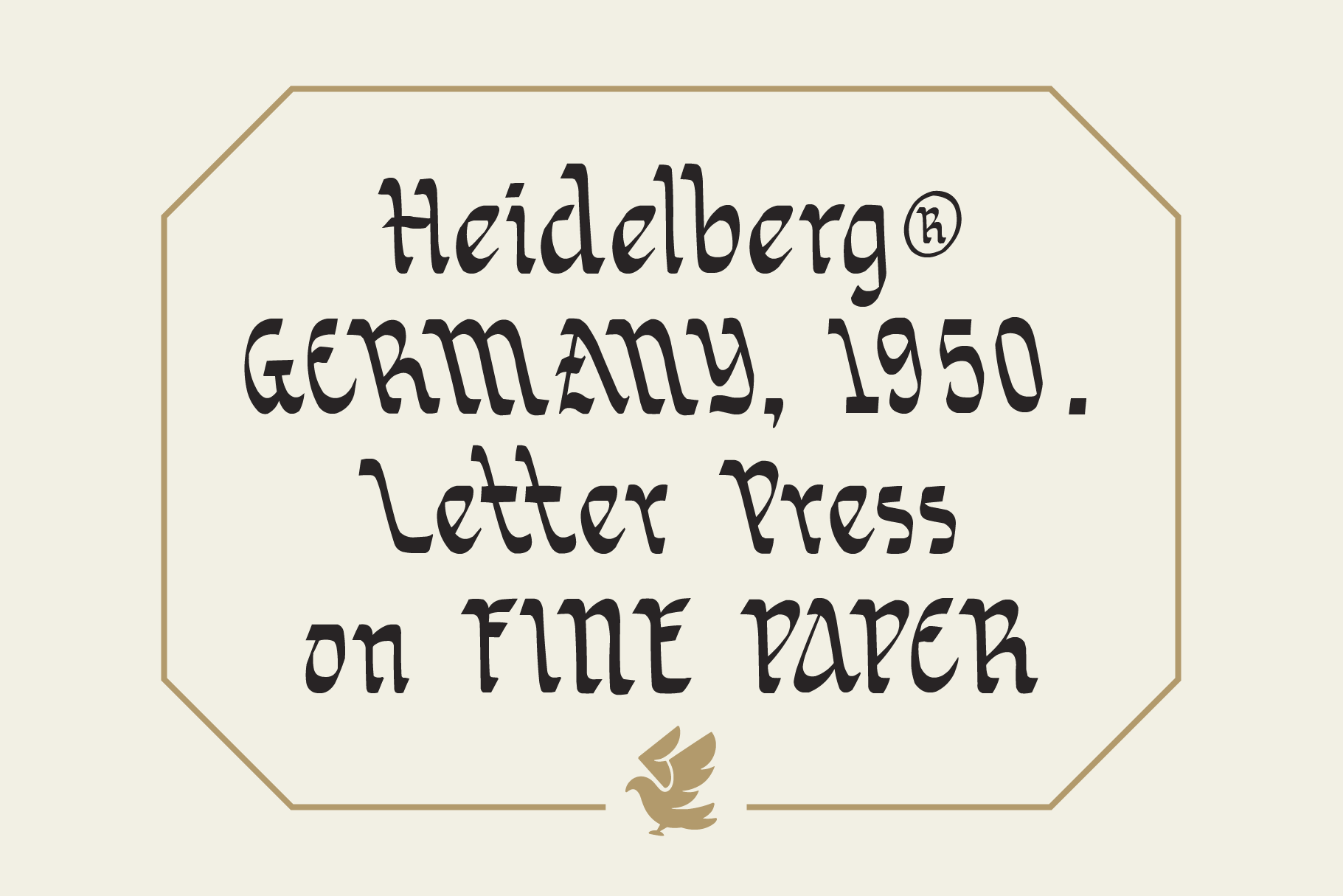 Vintage Heidelberg letterpress text on cream paper with gold octagonal frame
