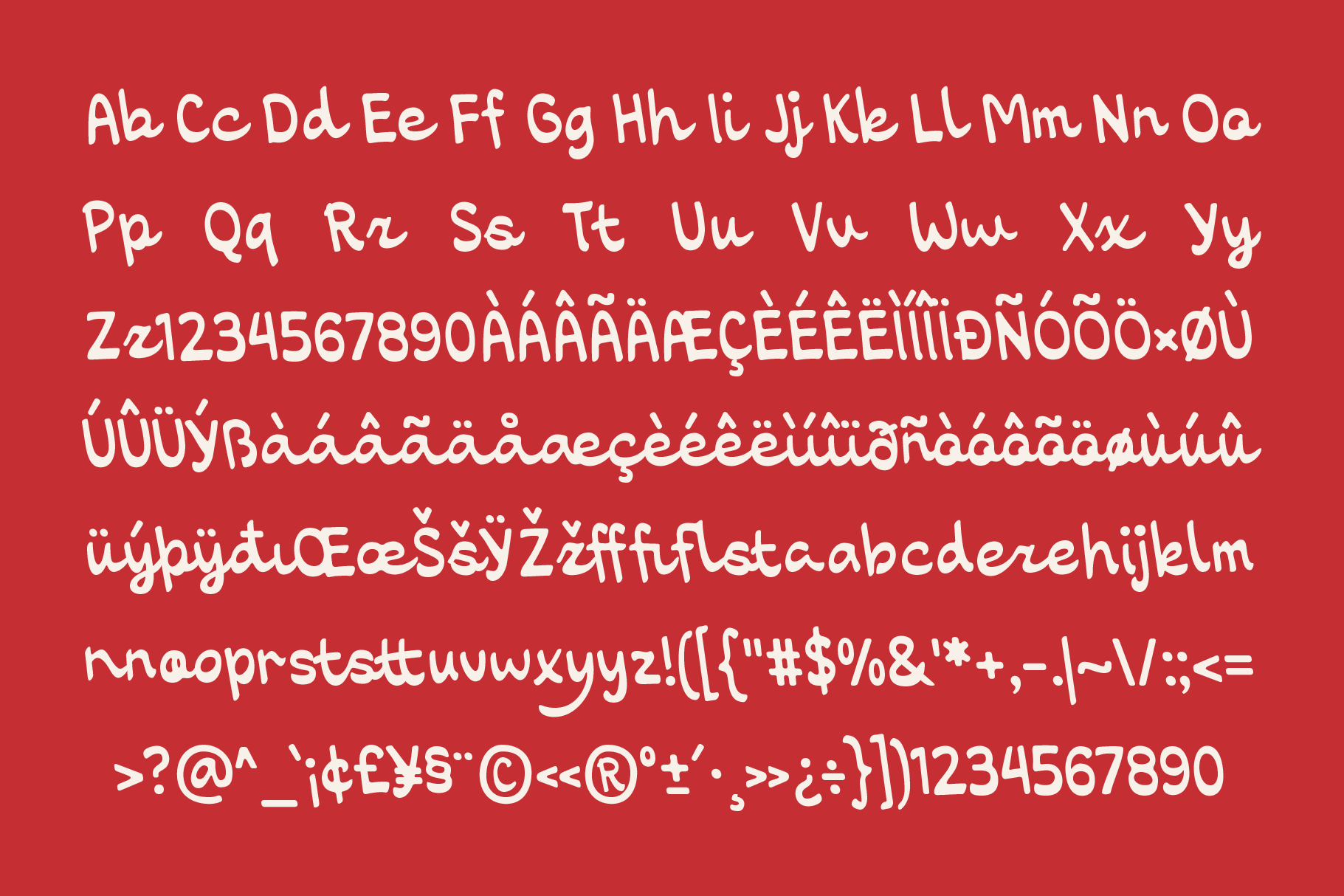 Handwritten font with full character set on bright red background