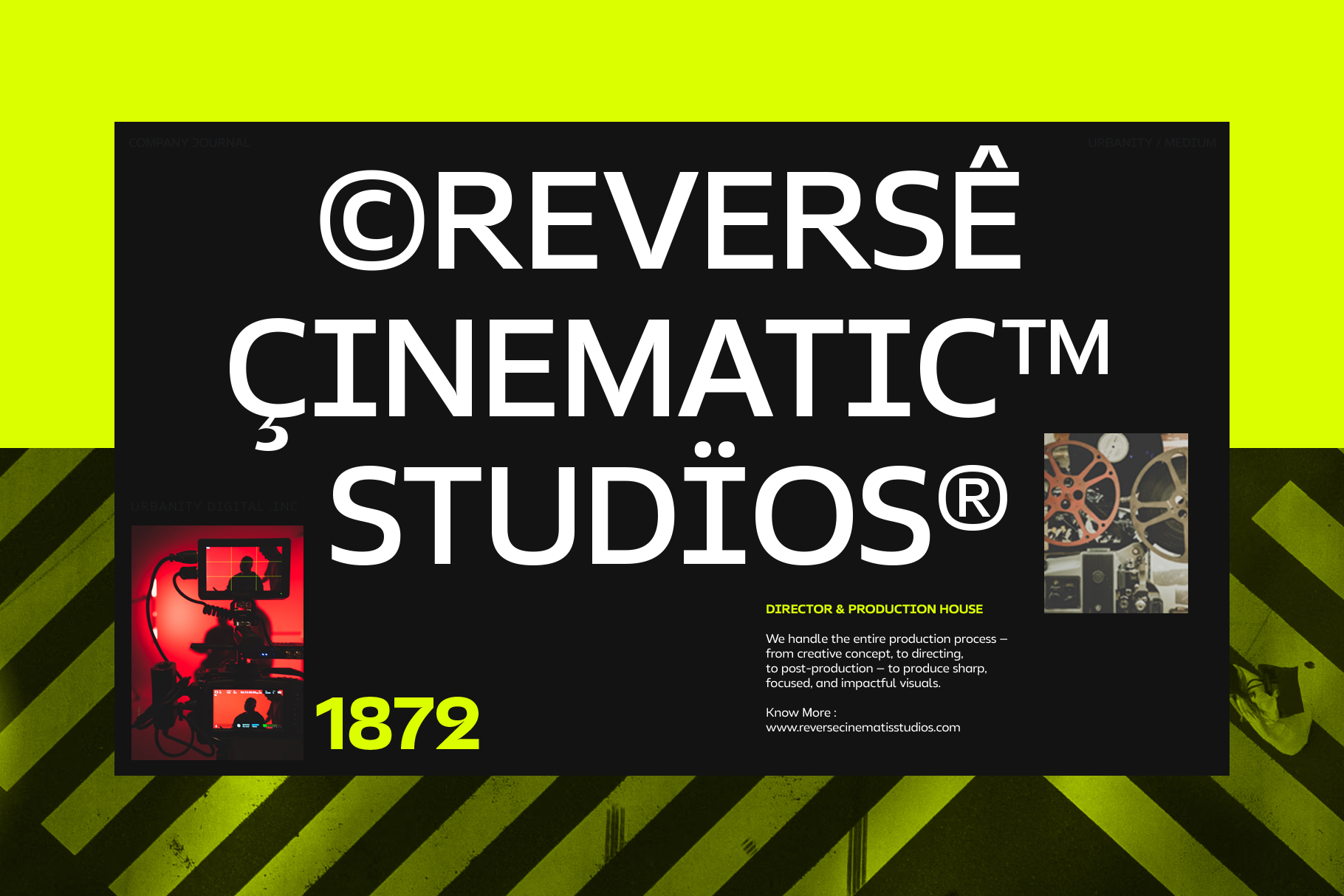 Reverse Cinematic Studios branding mockup with neon red film equipment on black background with lime chevrons