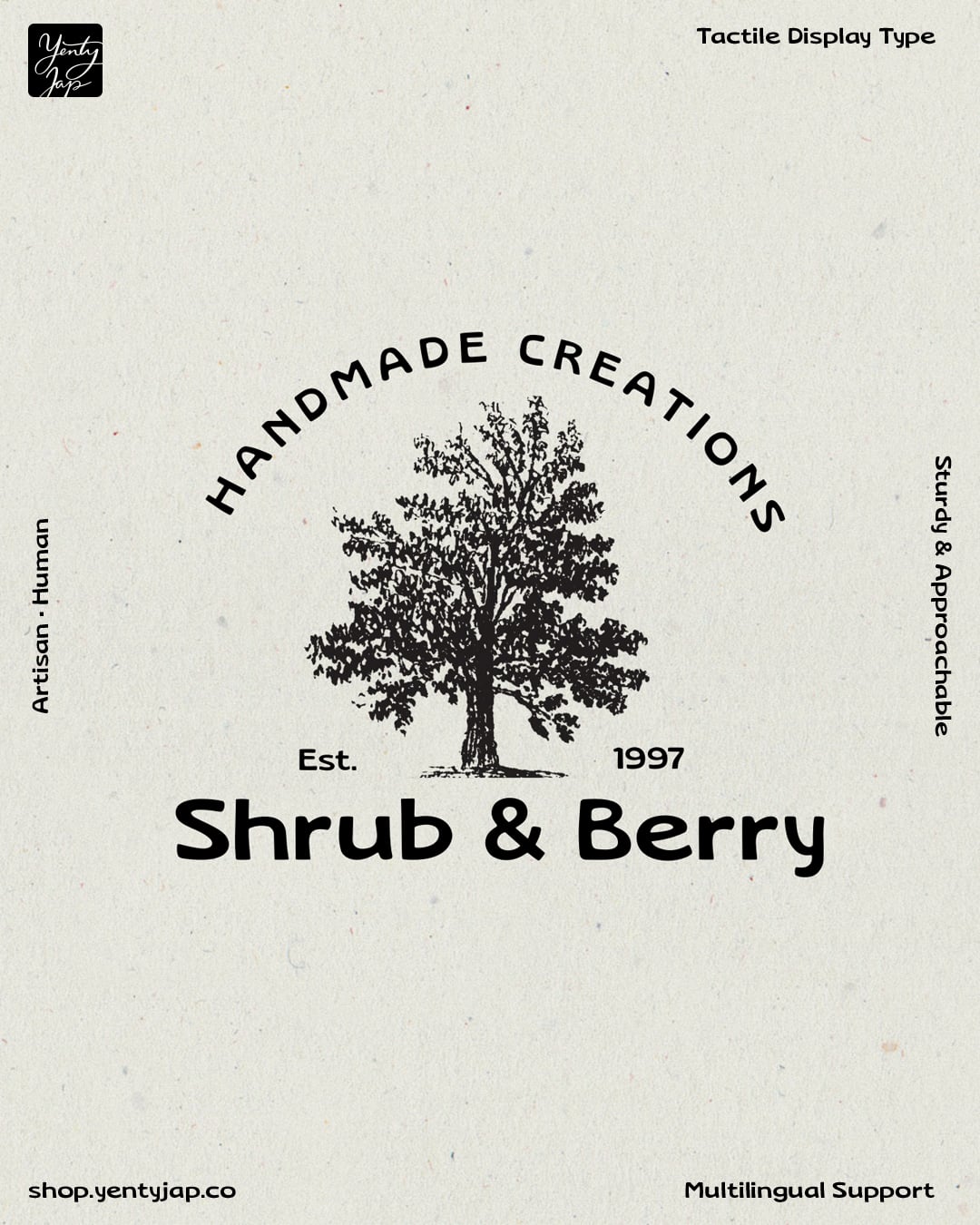 Vintage-style logo with circular text, detailed tree illustration, earthy cream background