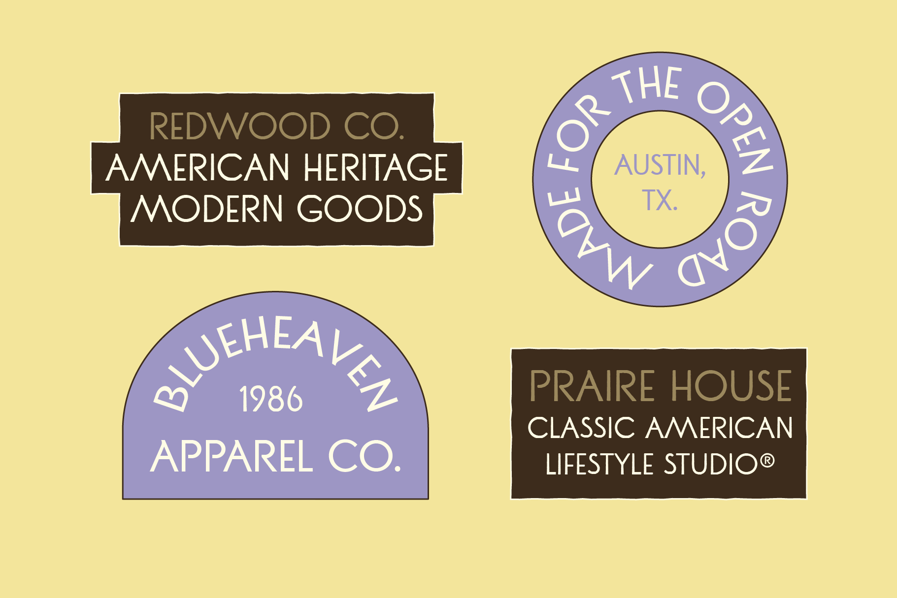 Vintage-style logos with retro badges for Redwood Co, Blueheaven Apparel, Prairie House