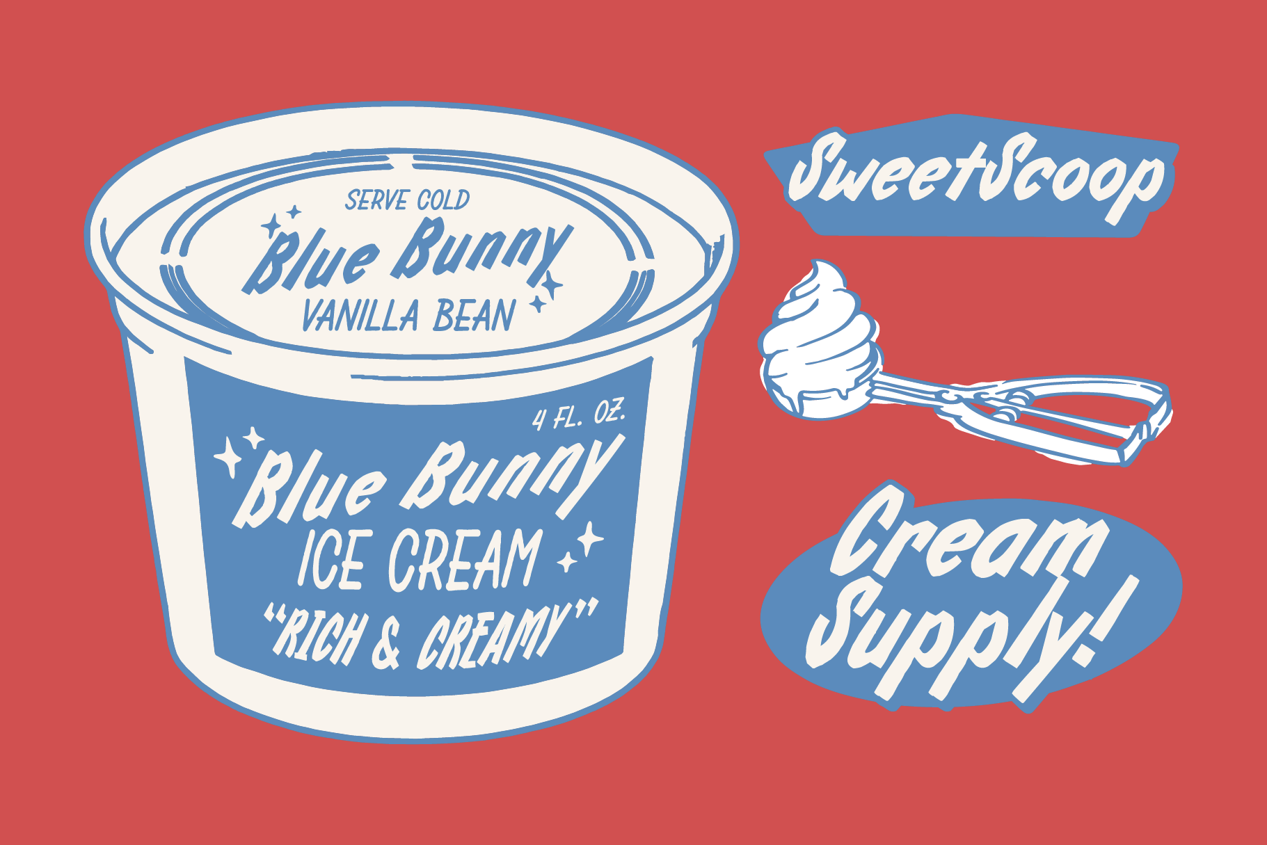 Retro ice cream cup mockup with Blue Bunny vanilla bean branding, spoon, plus badge graphics on coral background