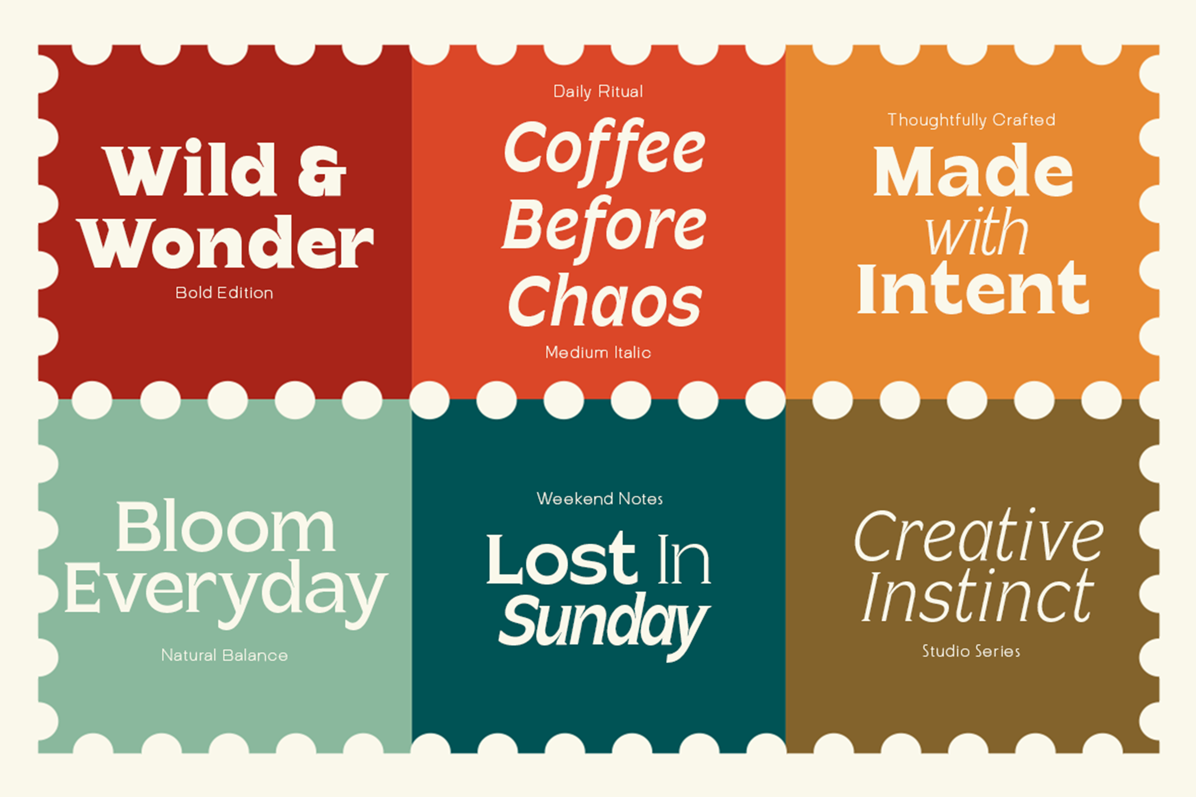 Colorful stamp-style grid with 6 typography compositions showing different font pairings in red, orange, teal, green