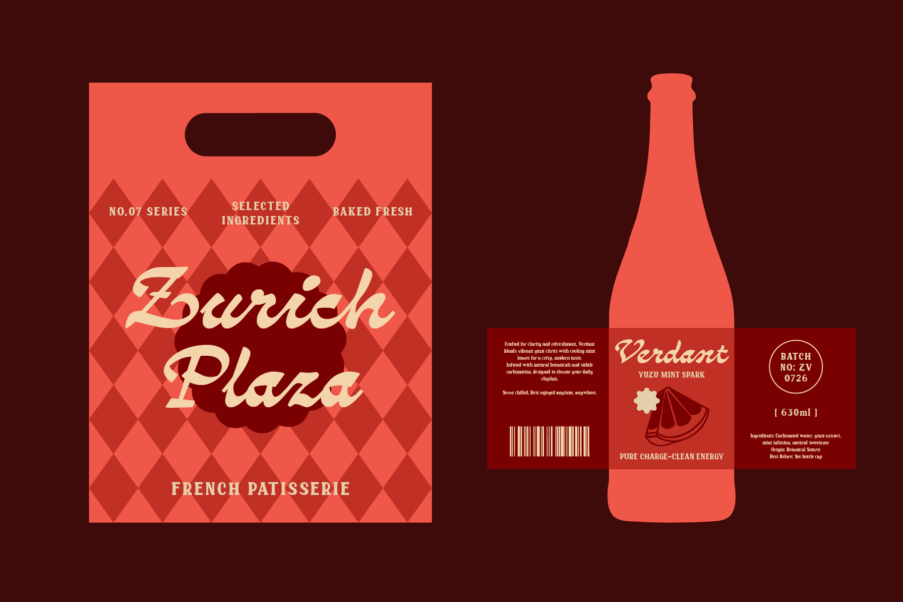Retro coral bakery bag with argyle pattern next to yuzu mint sparkling bottle mockup