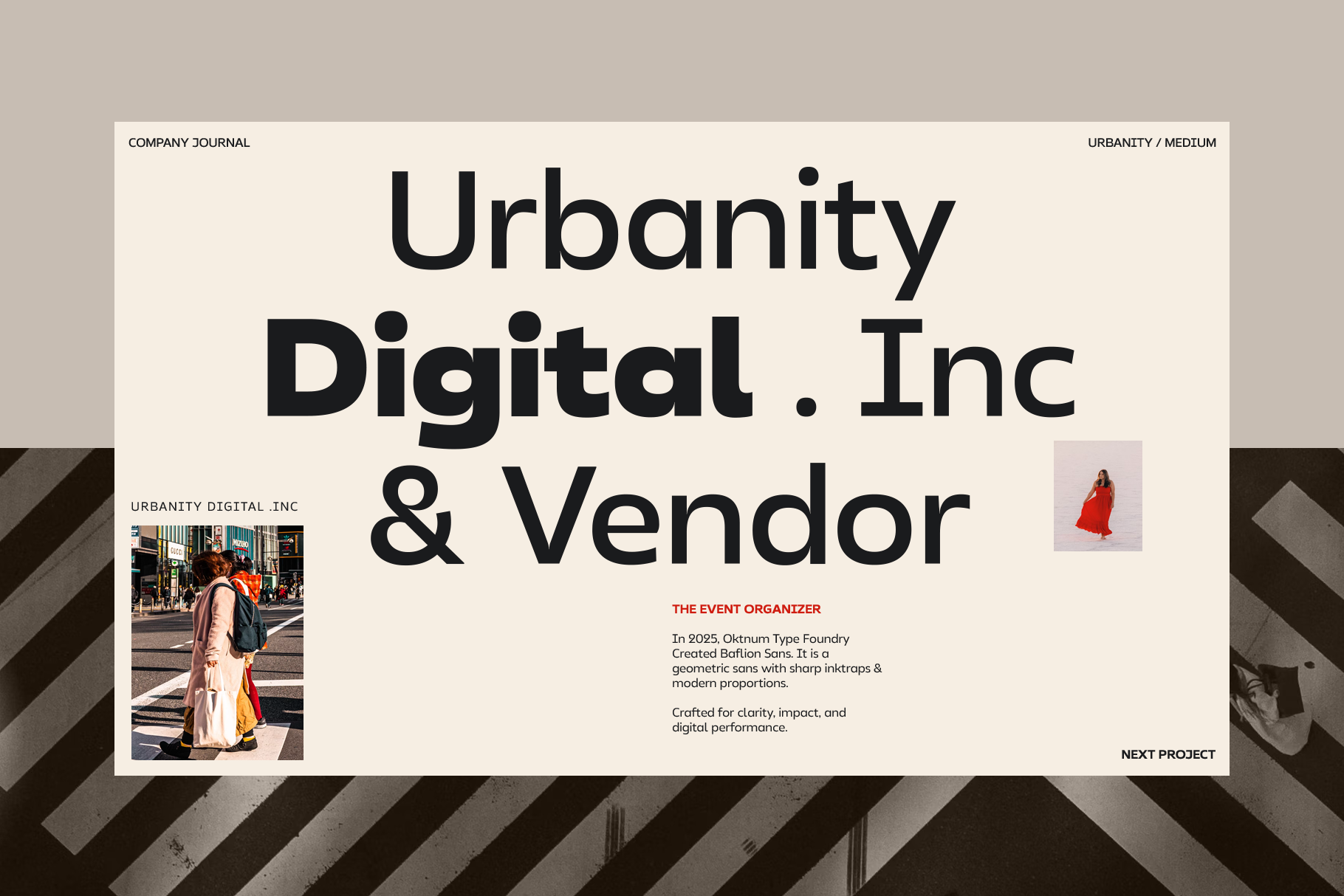 Minimalist company journal mockup with bold typography, street photography, geometric stripes