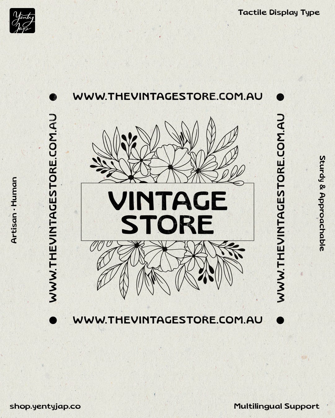 Vintage store packaging mockup with hand-drawn florals on cream background