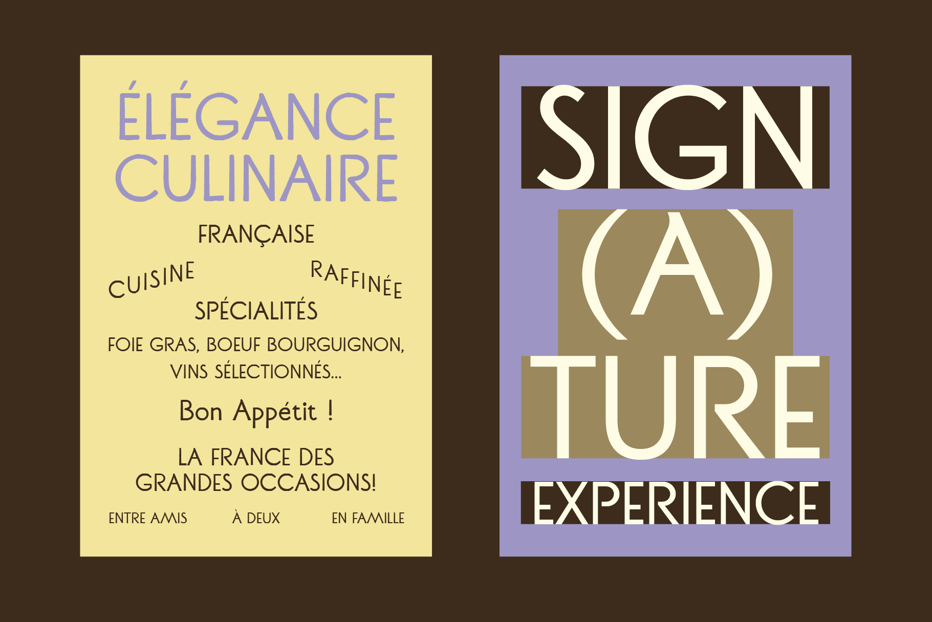 Vintage restaurant posters with retro typography, one yellow French cuisine ad, one purple signature experience design